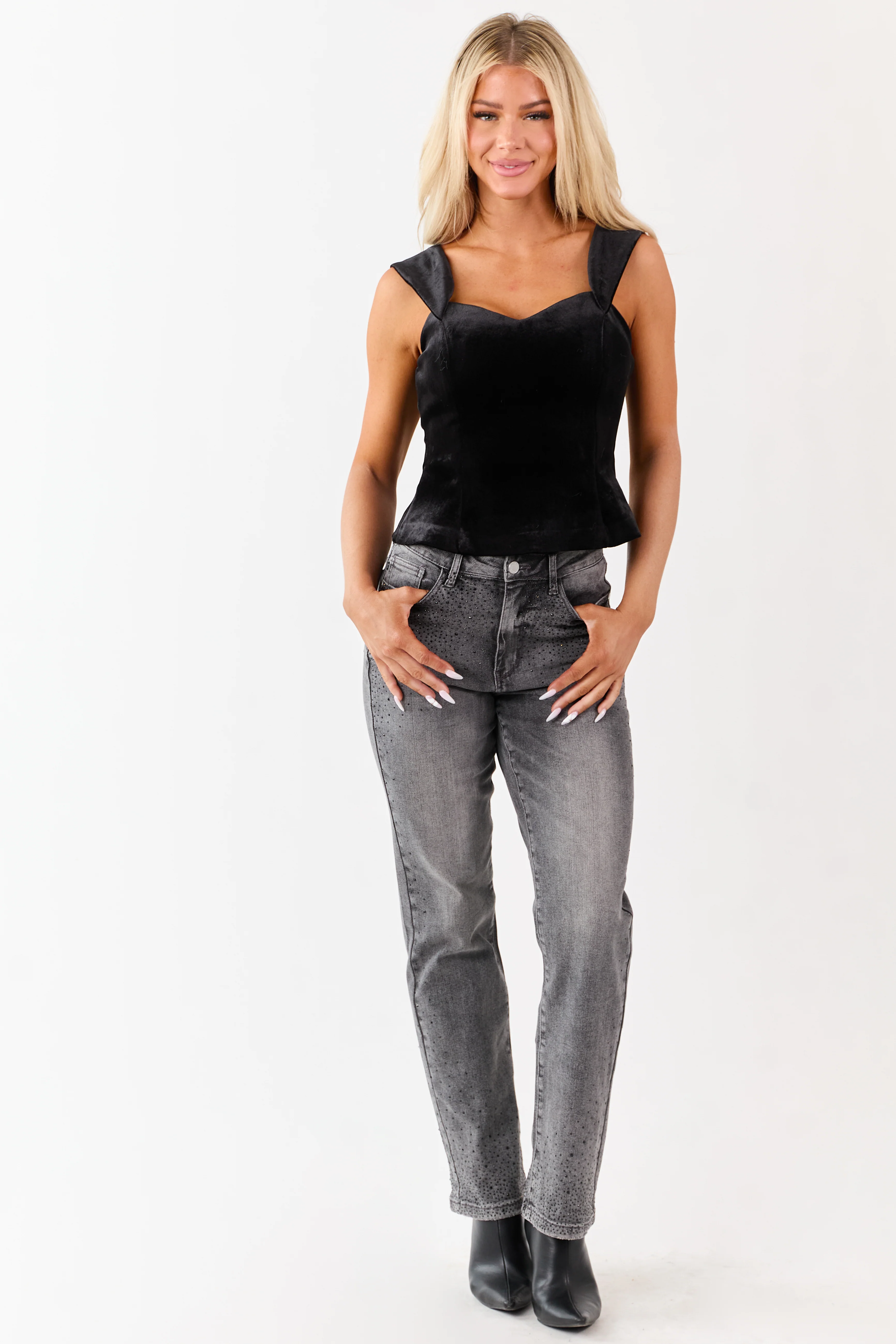 Black Velvet Off the Shoulder Sweetheart Neck Top - Image 2