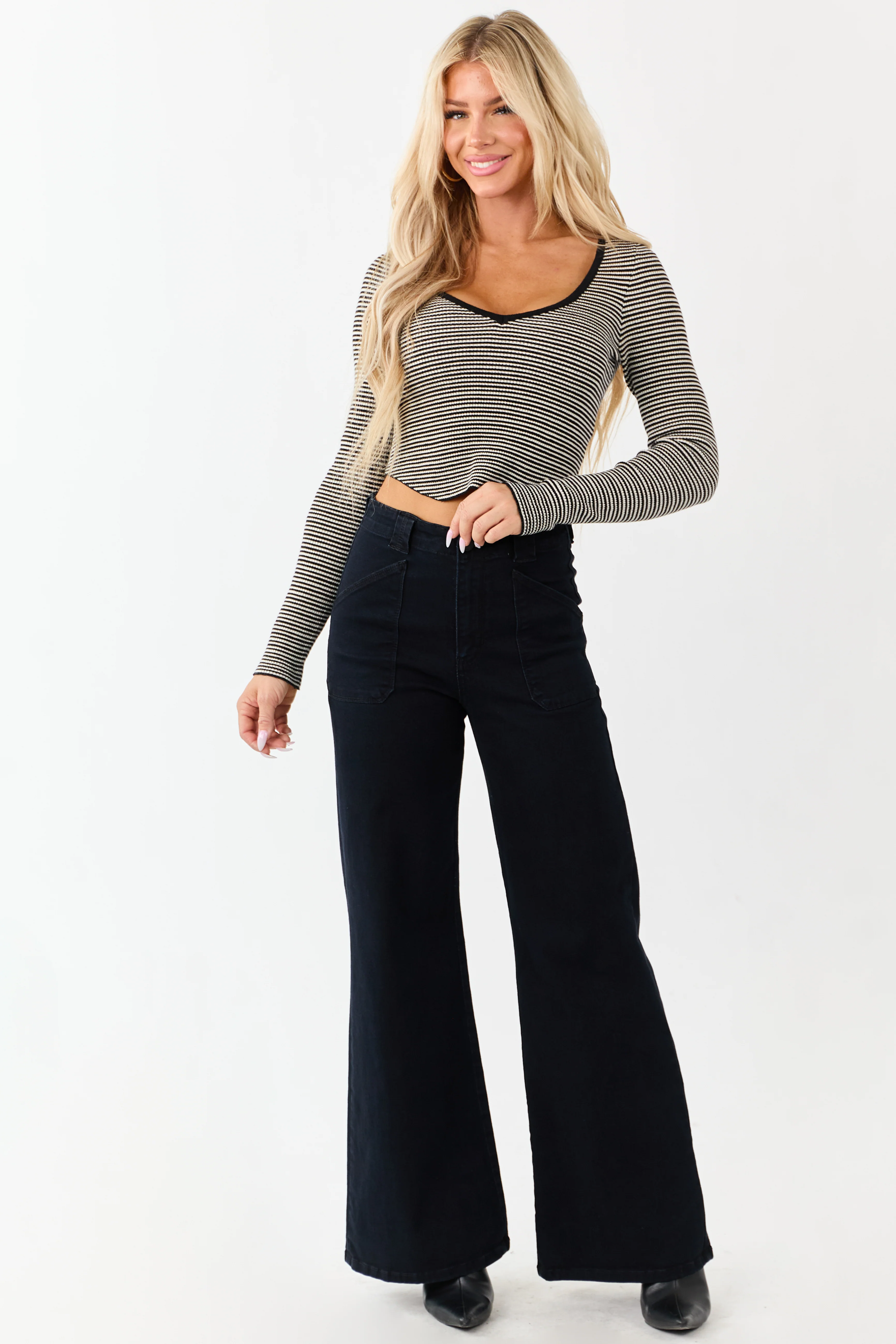 Black Washed Stretchy High Rise Wide Leg Jeans - Image 2