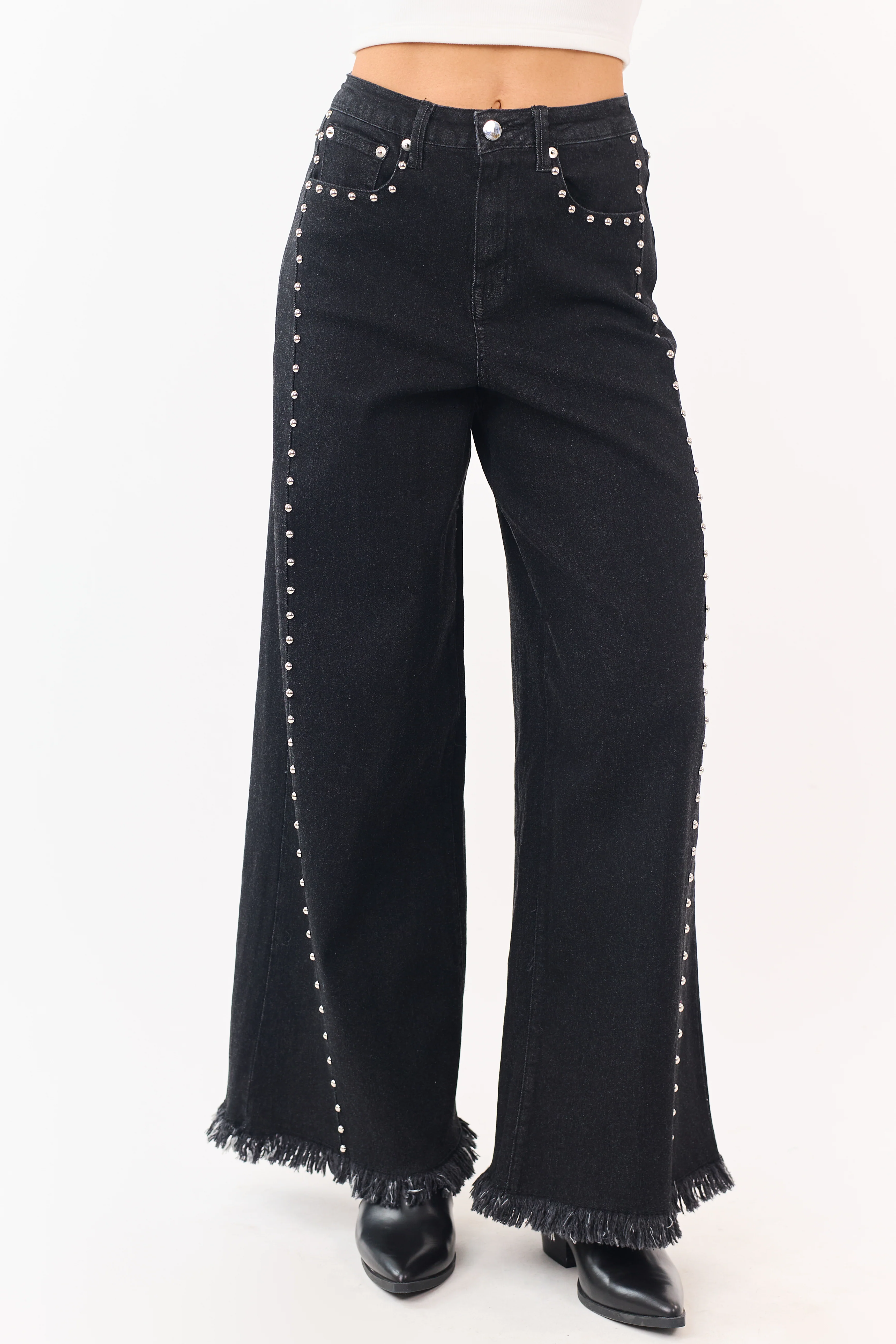 Black Washed Studded Stretchy Wide Leg Jeans - Image 2