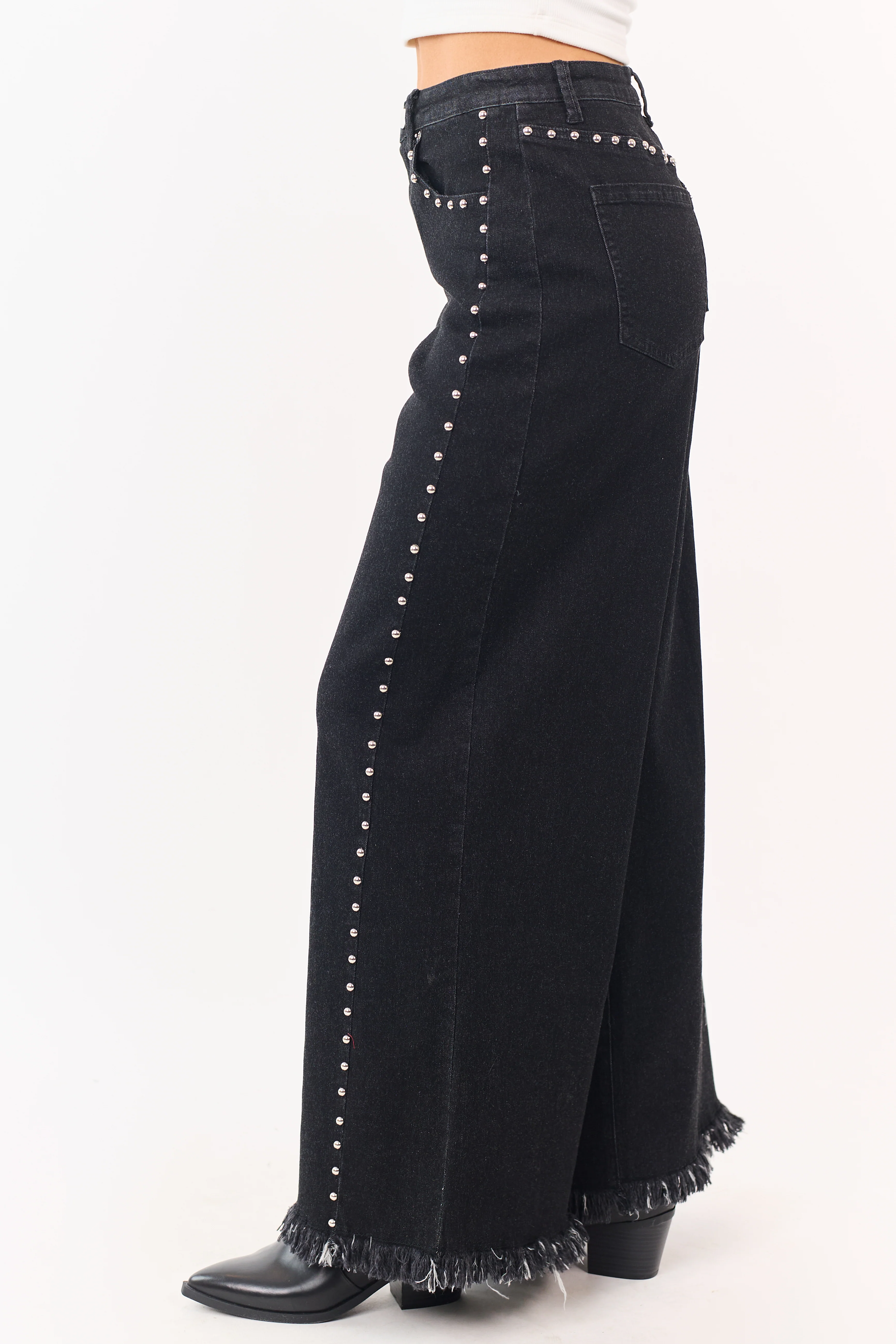 Black Washed Studded Stretchy Wide Leg Jeans - Image 3
