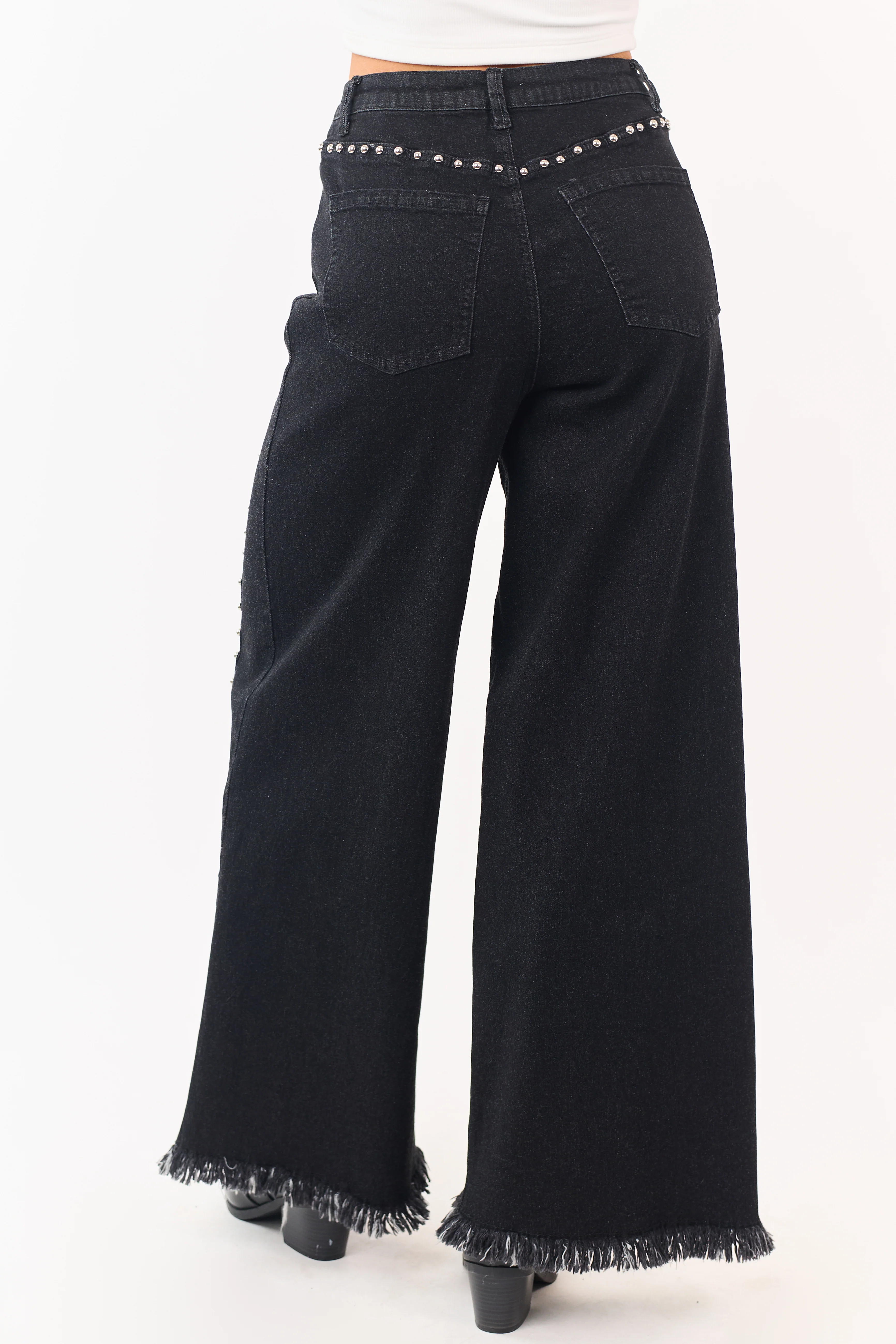 Black Washed Studded Stretchy Wide Leg Jeans - Image 4