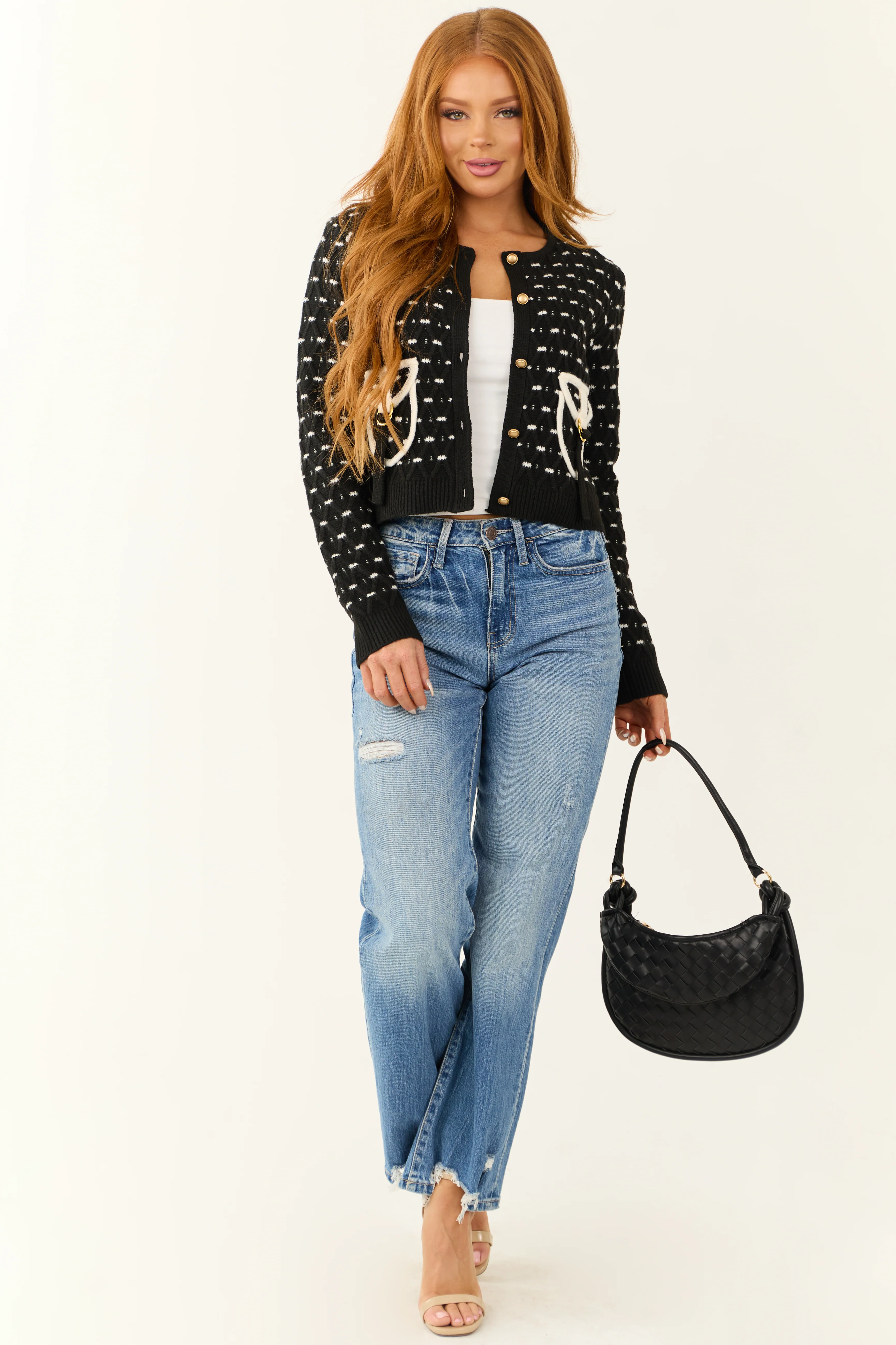 Black and White Button Down Textured Cardigan - Image 5