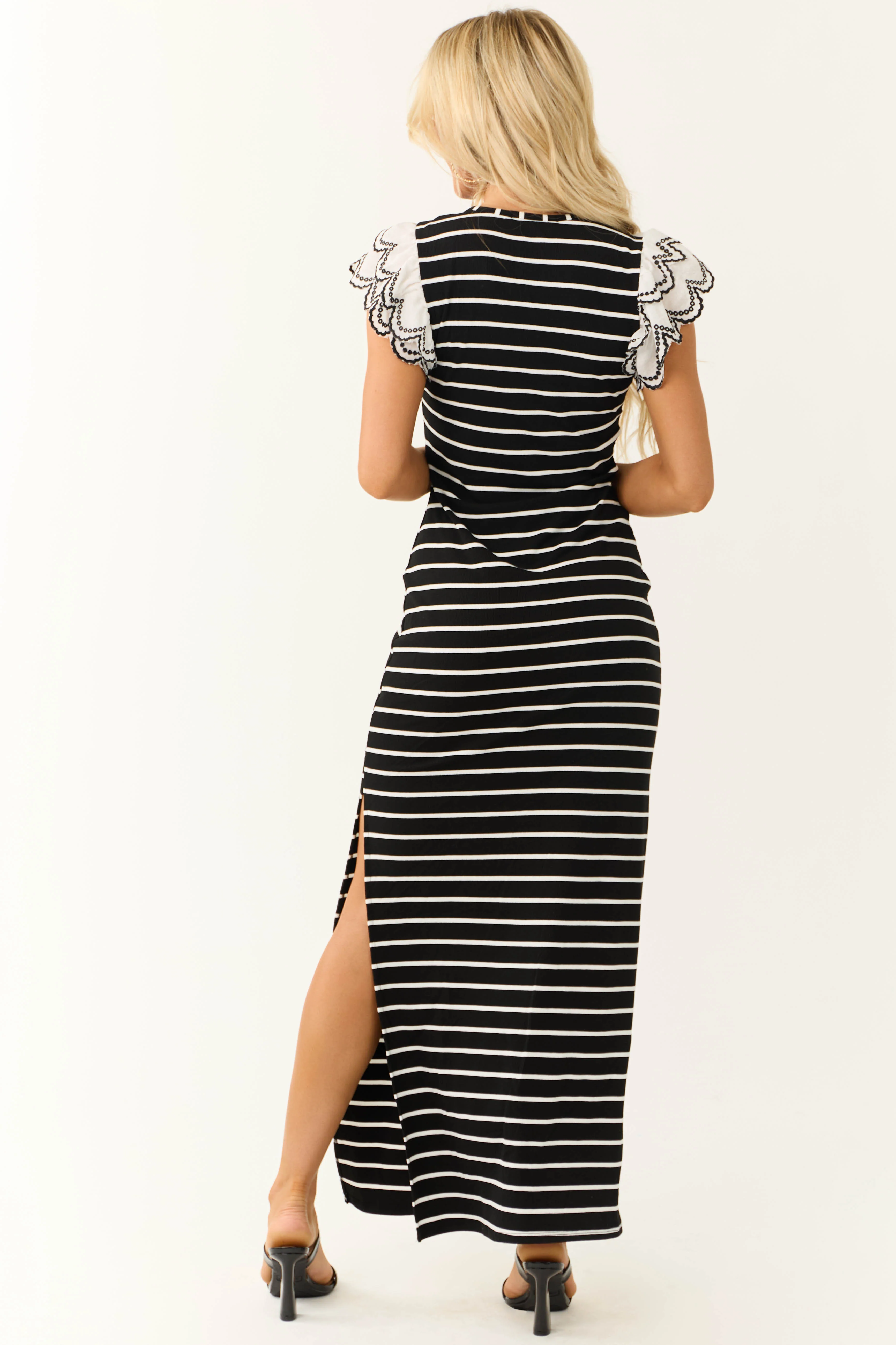 Black and White Striped Ruffle Sleeve Maxi Dress - Image 5