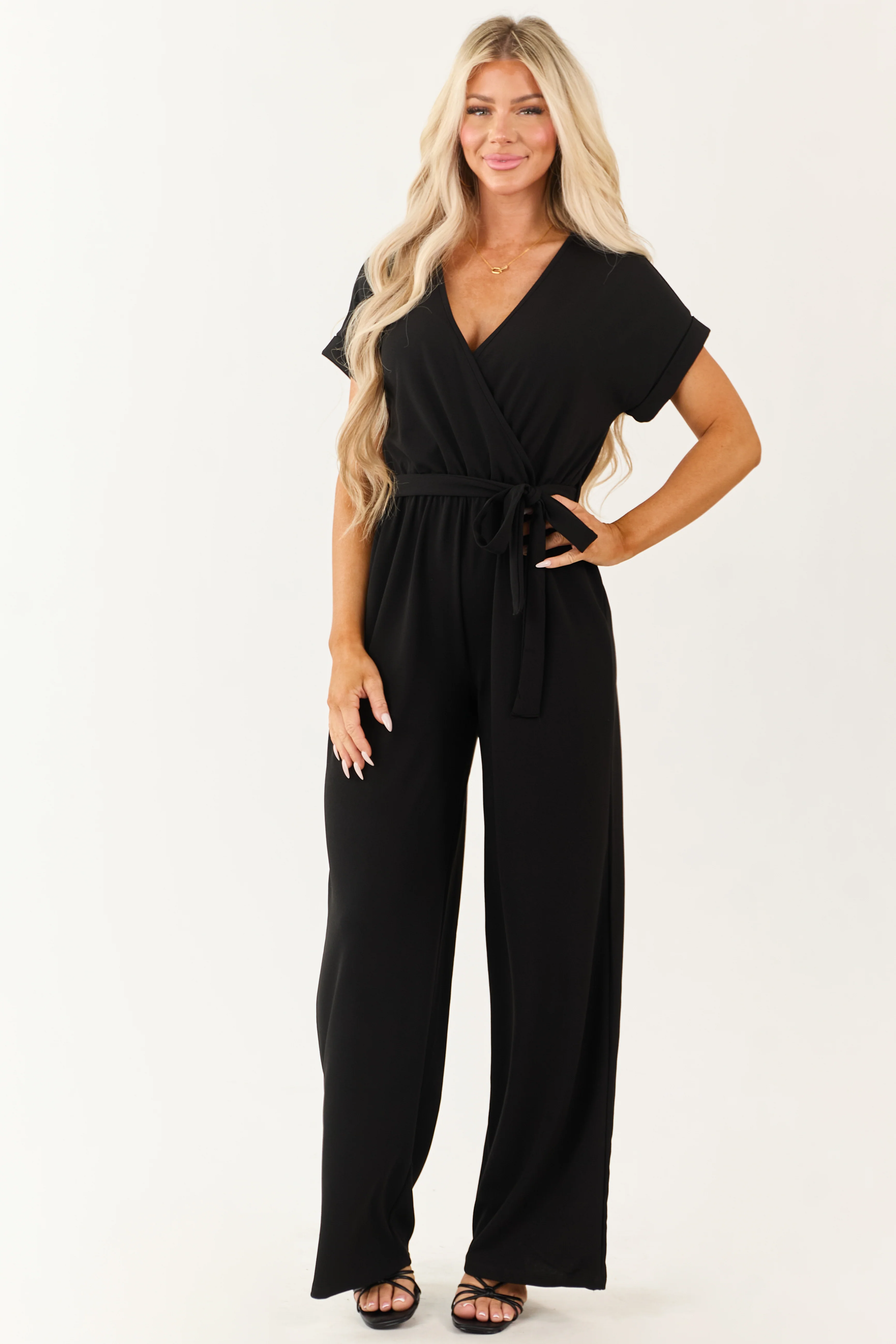 Black Wide Leg Waist Tie Surplice Bodice Jumpsuit - Image 2