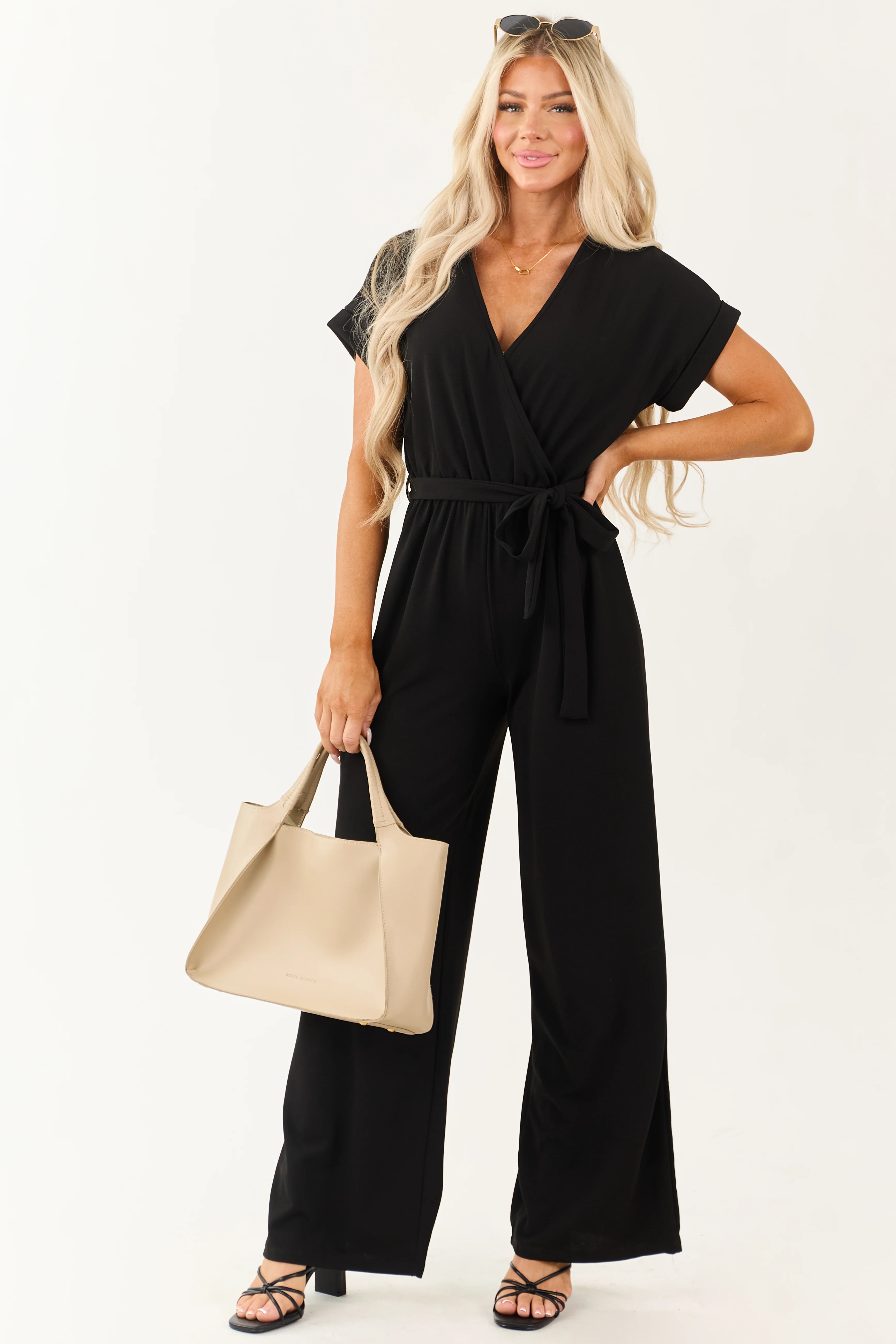 Black Wide Leg Waist Tie Surplice Bodice Jumpsuit - Image 3