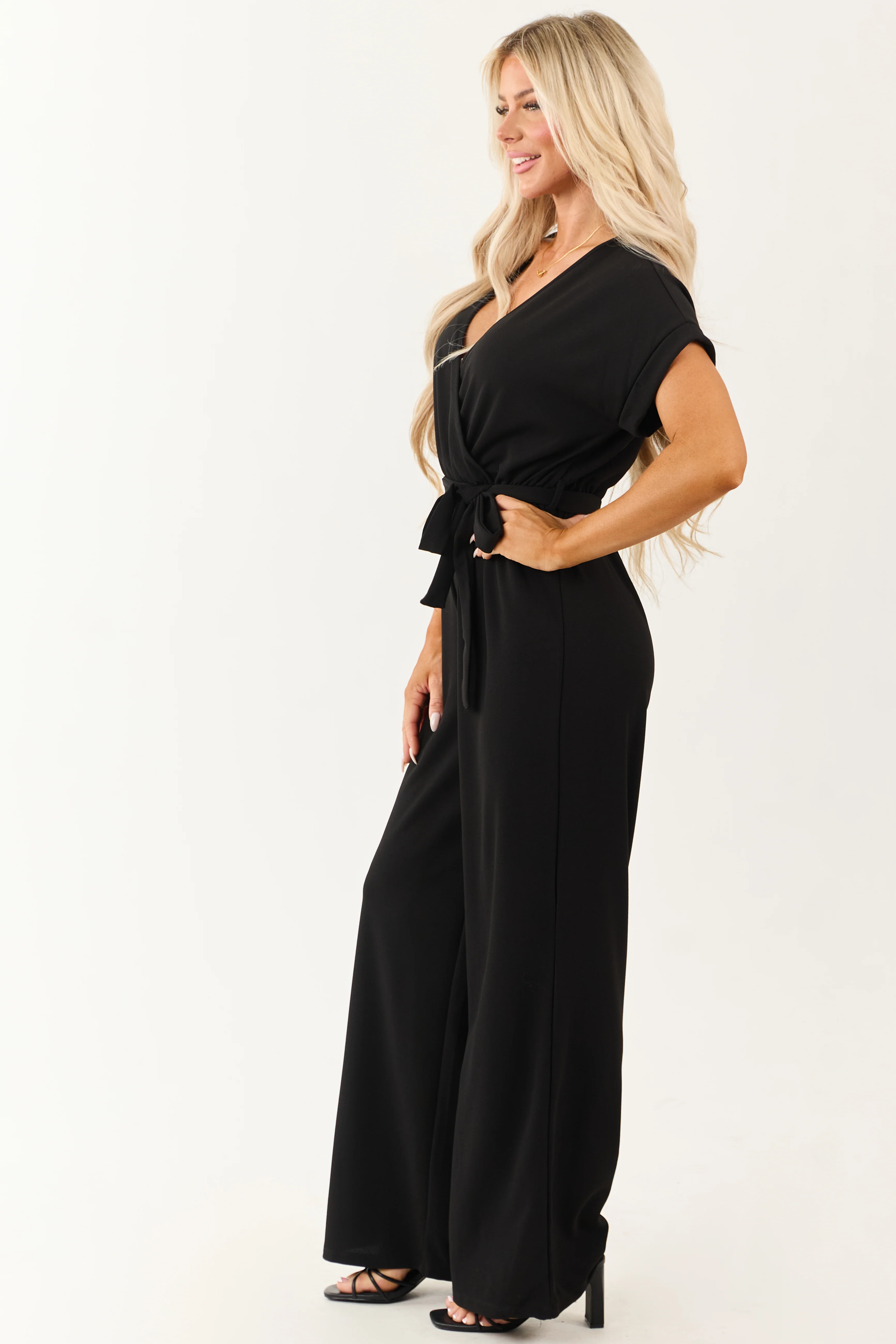 Black Wide Leg Waist Tie Surplice Bodice Jumpsuit - Image 4