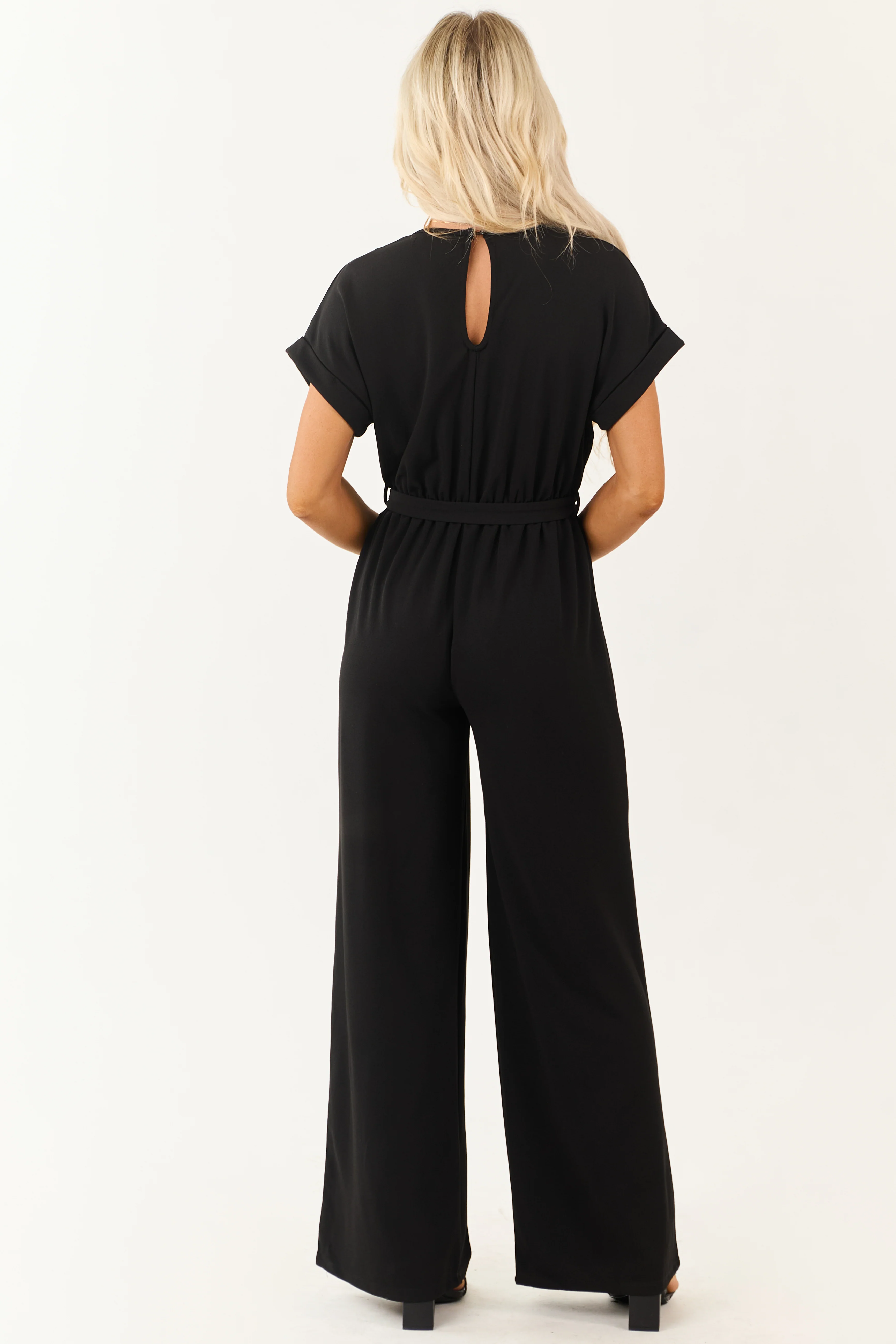 Black Wide Leg Waist Tie Surplice Bodice Jumpsuit - Image 5