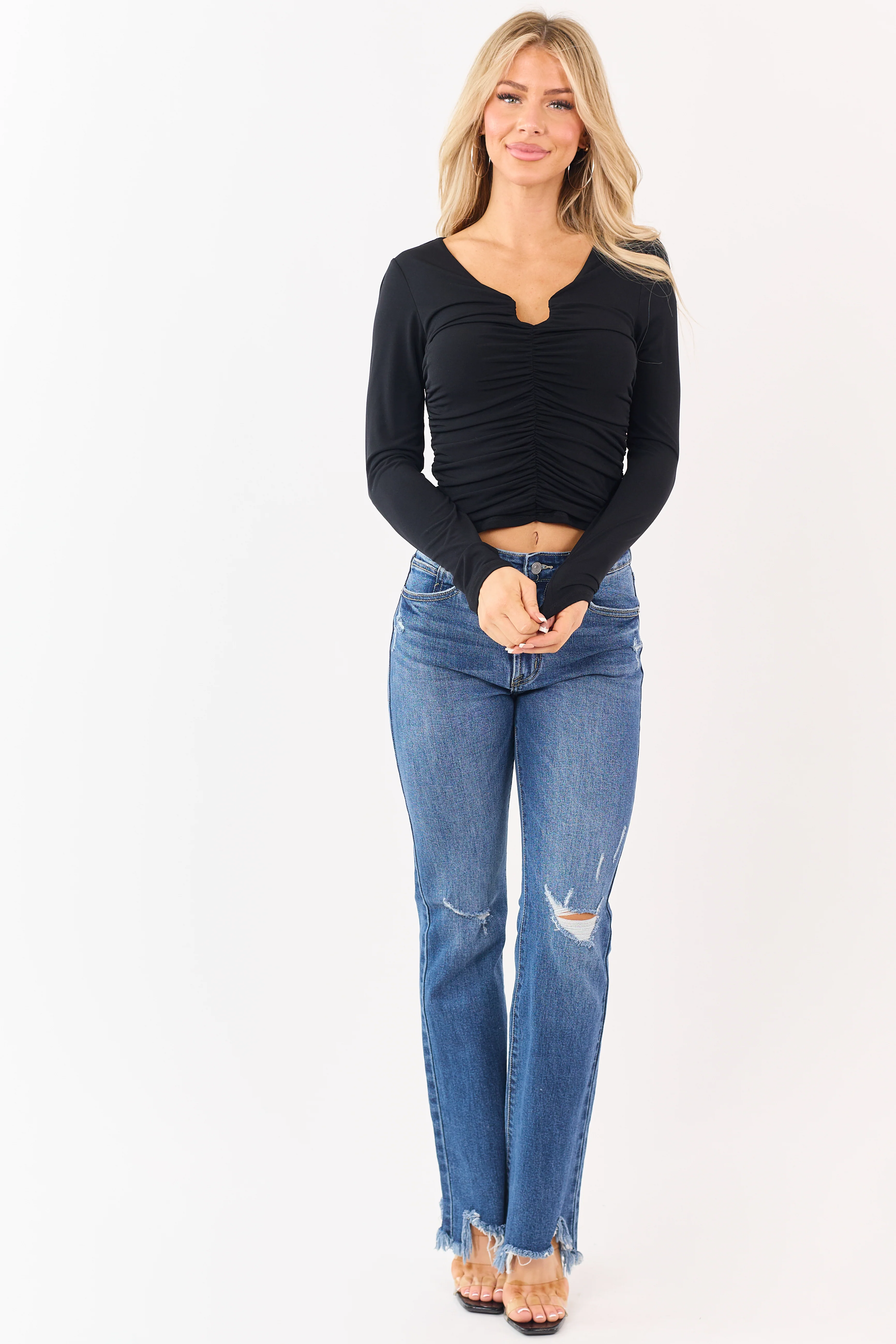 Black Wired U Notch Neckline Shirred Long Sleeve Top - Image 2