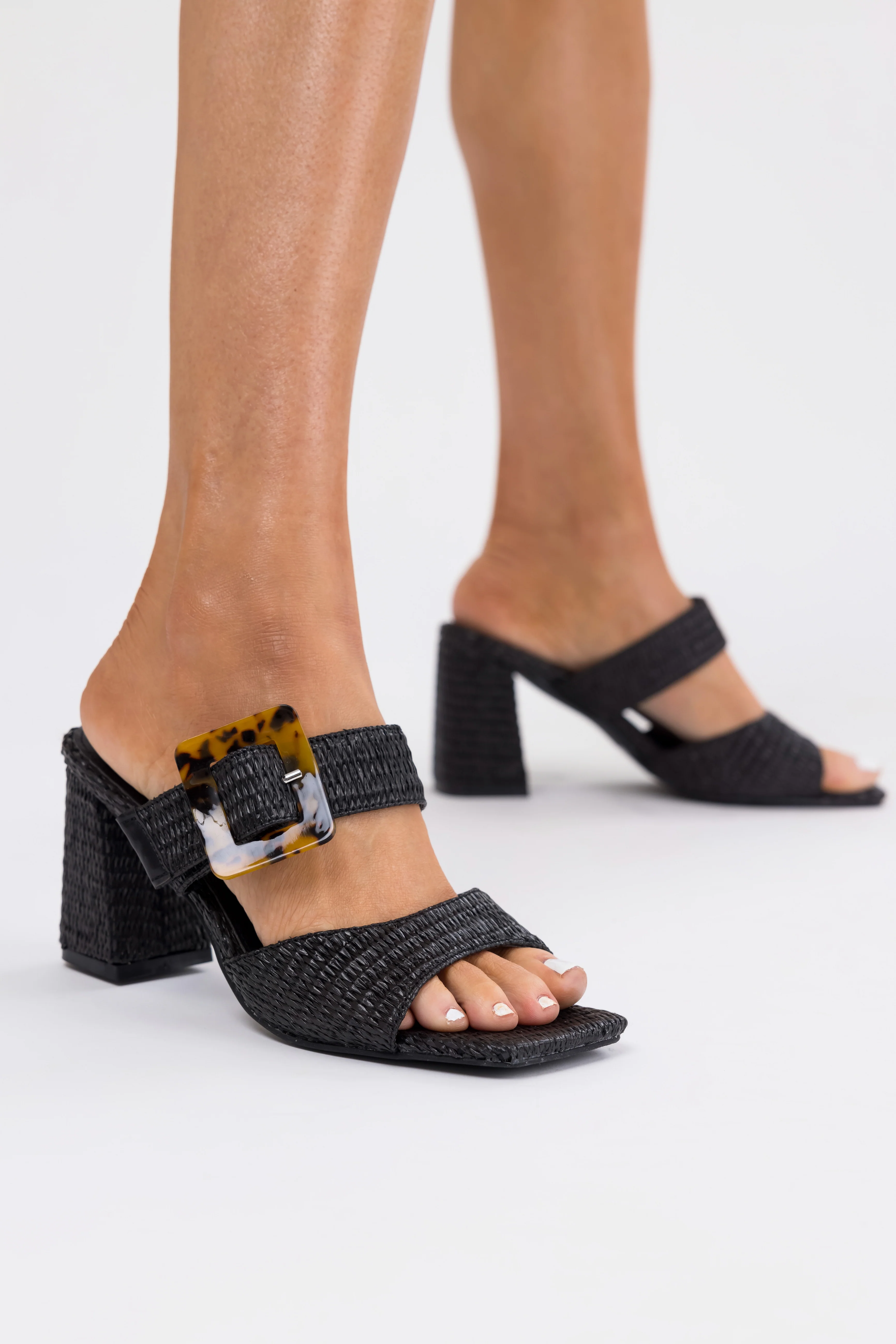 Black Woven Accent Buckle Strap Heels - Image 9