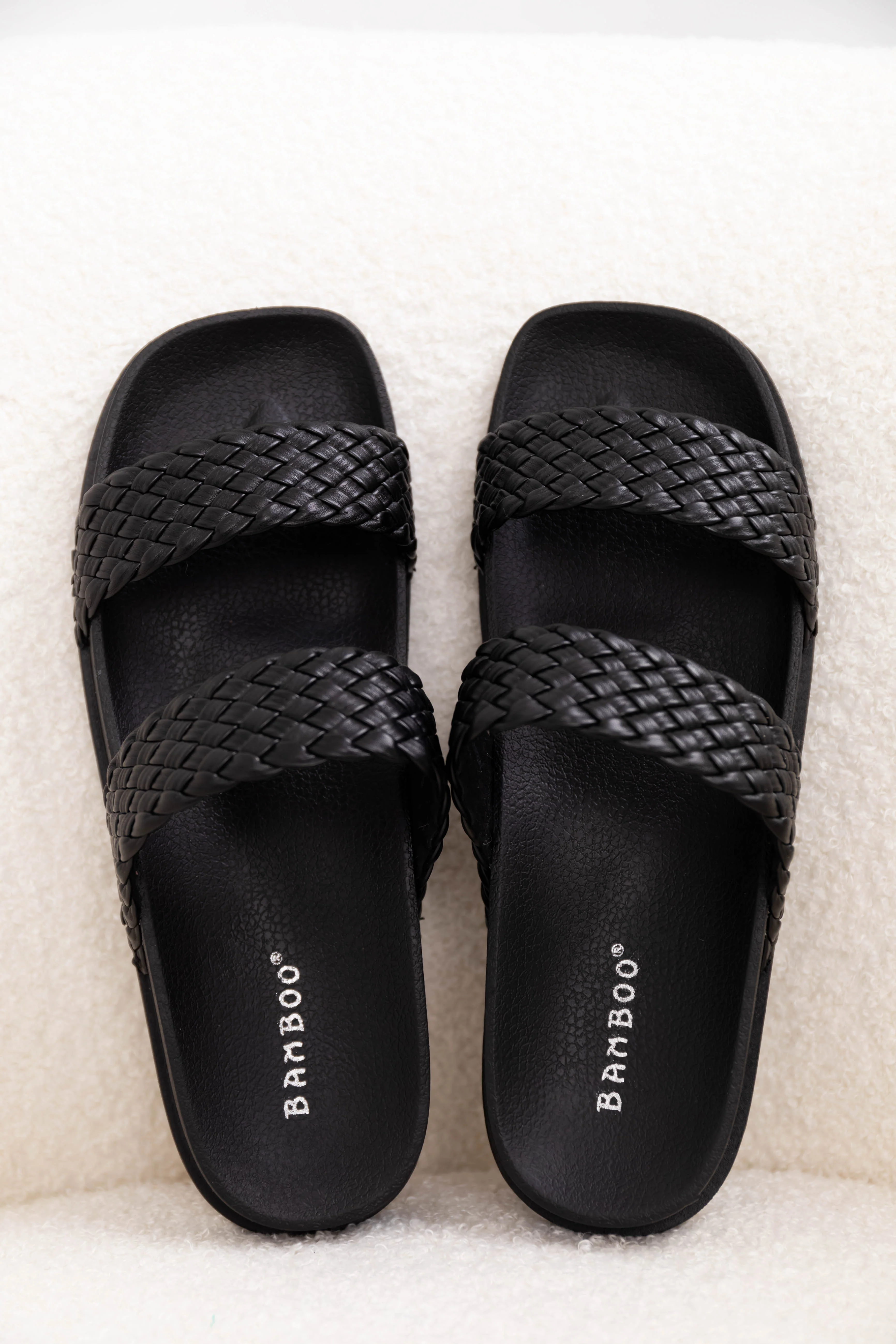 Black Woven Double Strap Slide On Sandals - Image 4