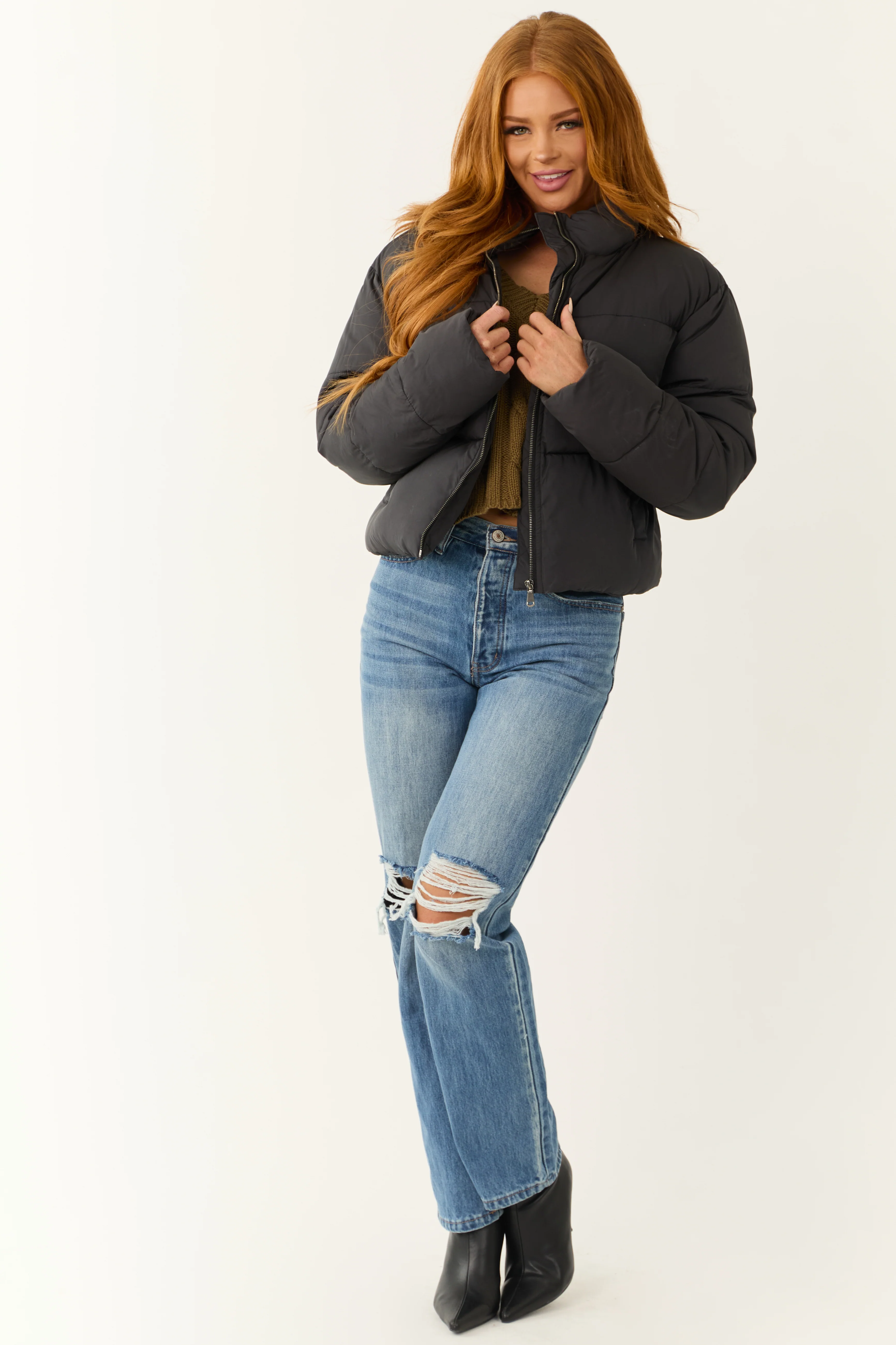 Black Zip Up Collared Quilted Puffer Jacket - Image 2