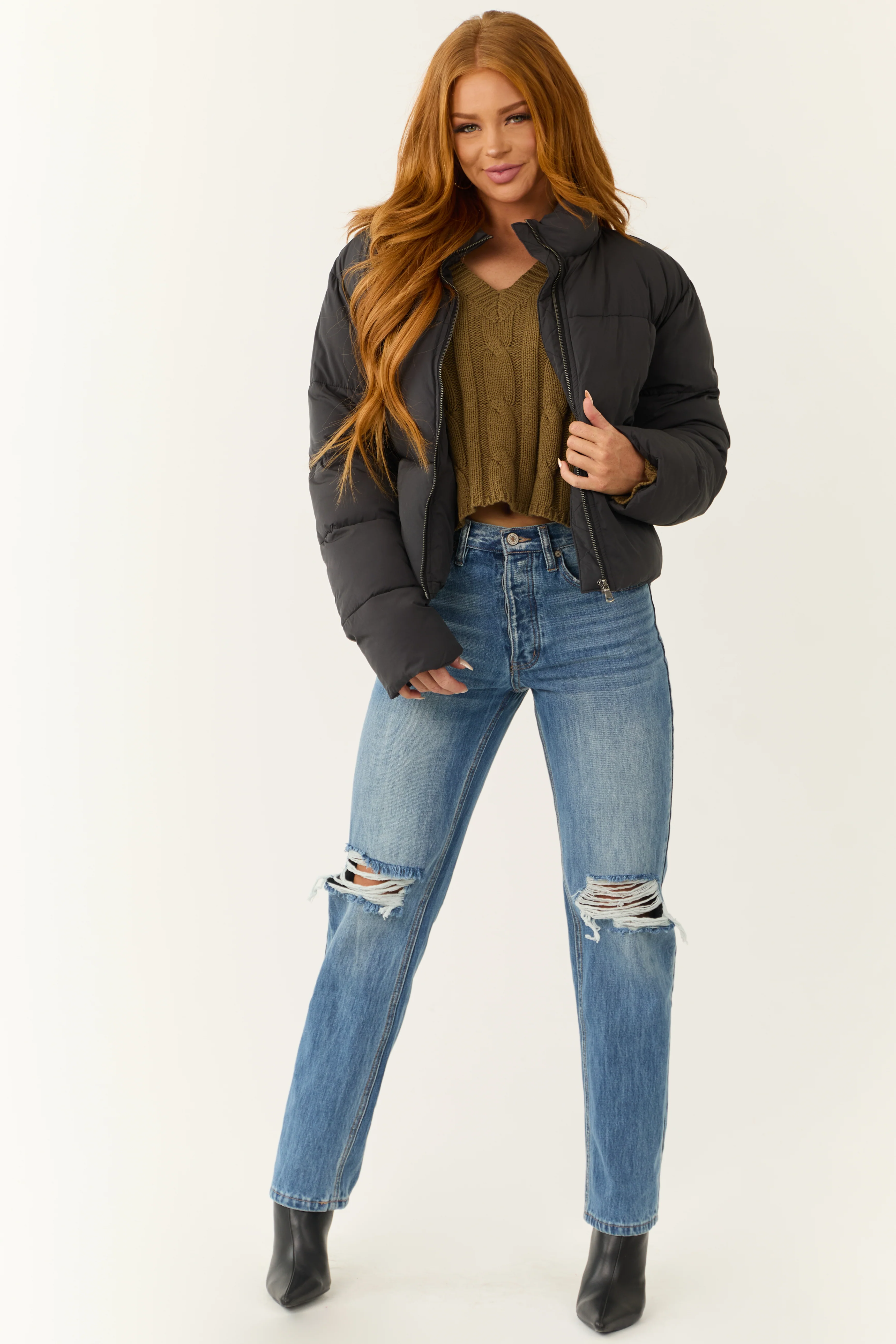 Black Zip Up Collared Quilted Puffer Jacket - Image 3