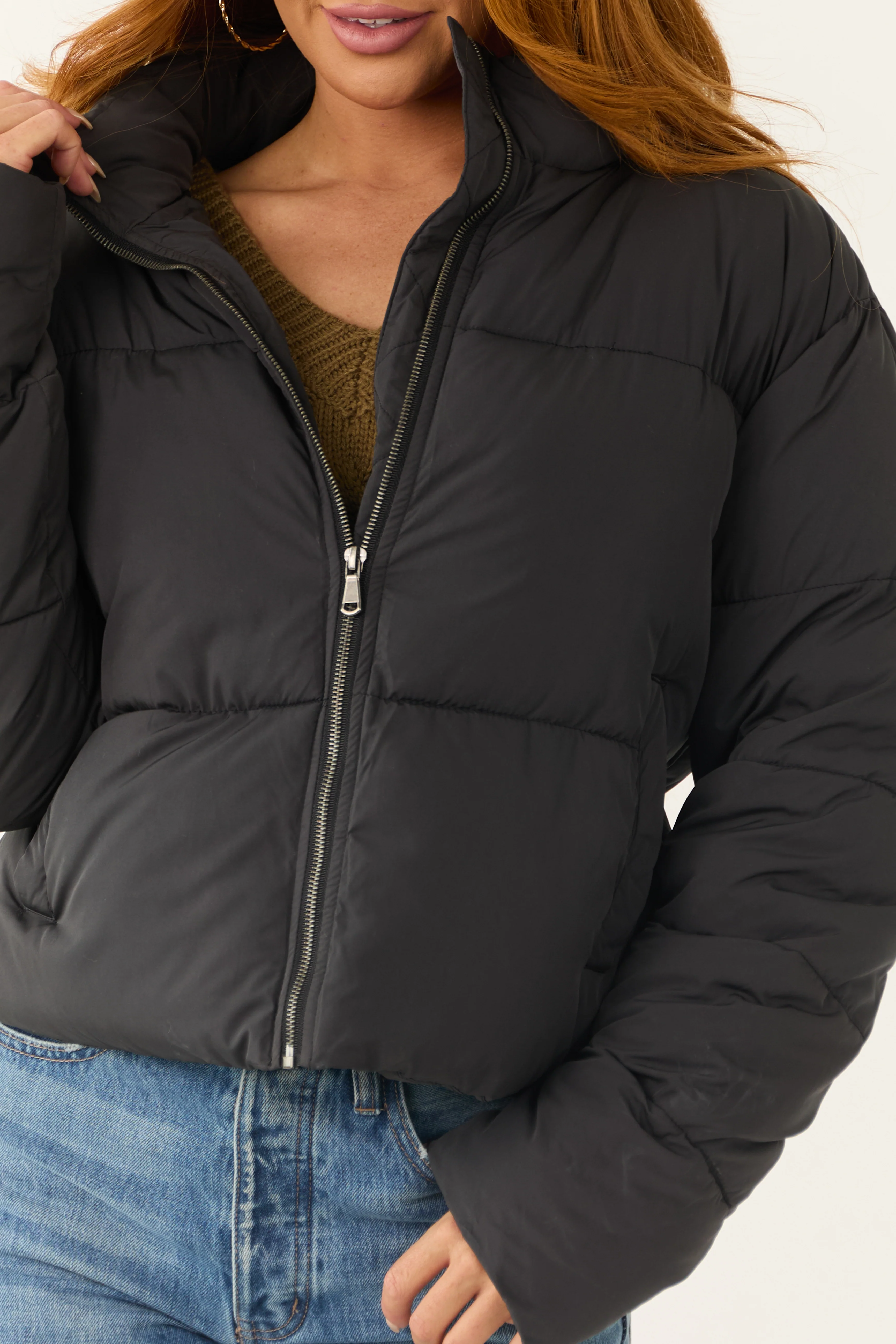 Black Zip Up Collared Quilted Puffer Jacket - Image 6