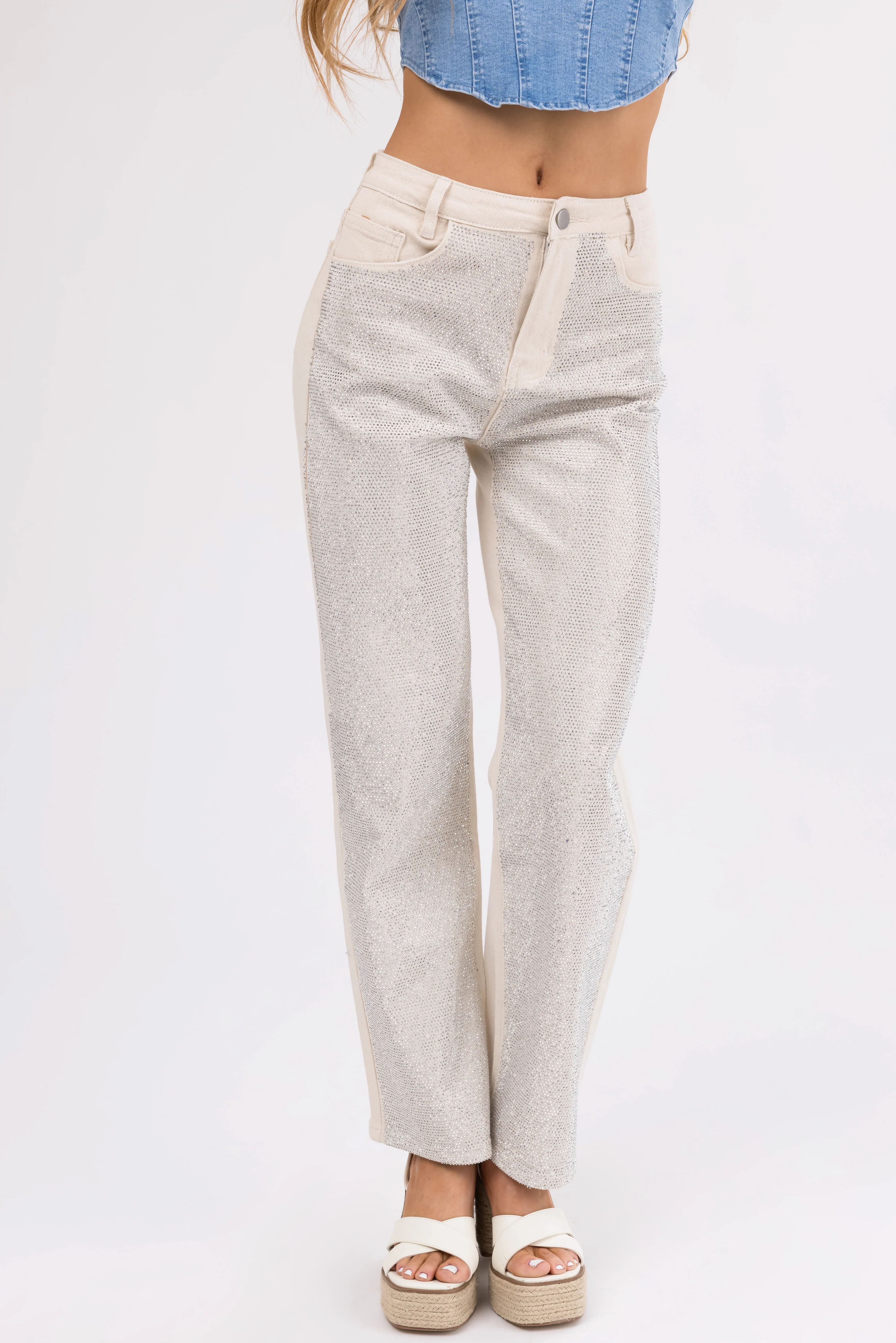 Blue B Cream Rhinestone Front Straight Leg Jeans - Image 4