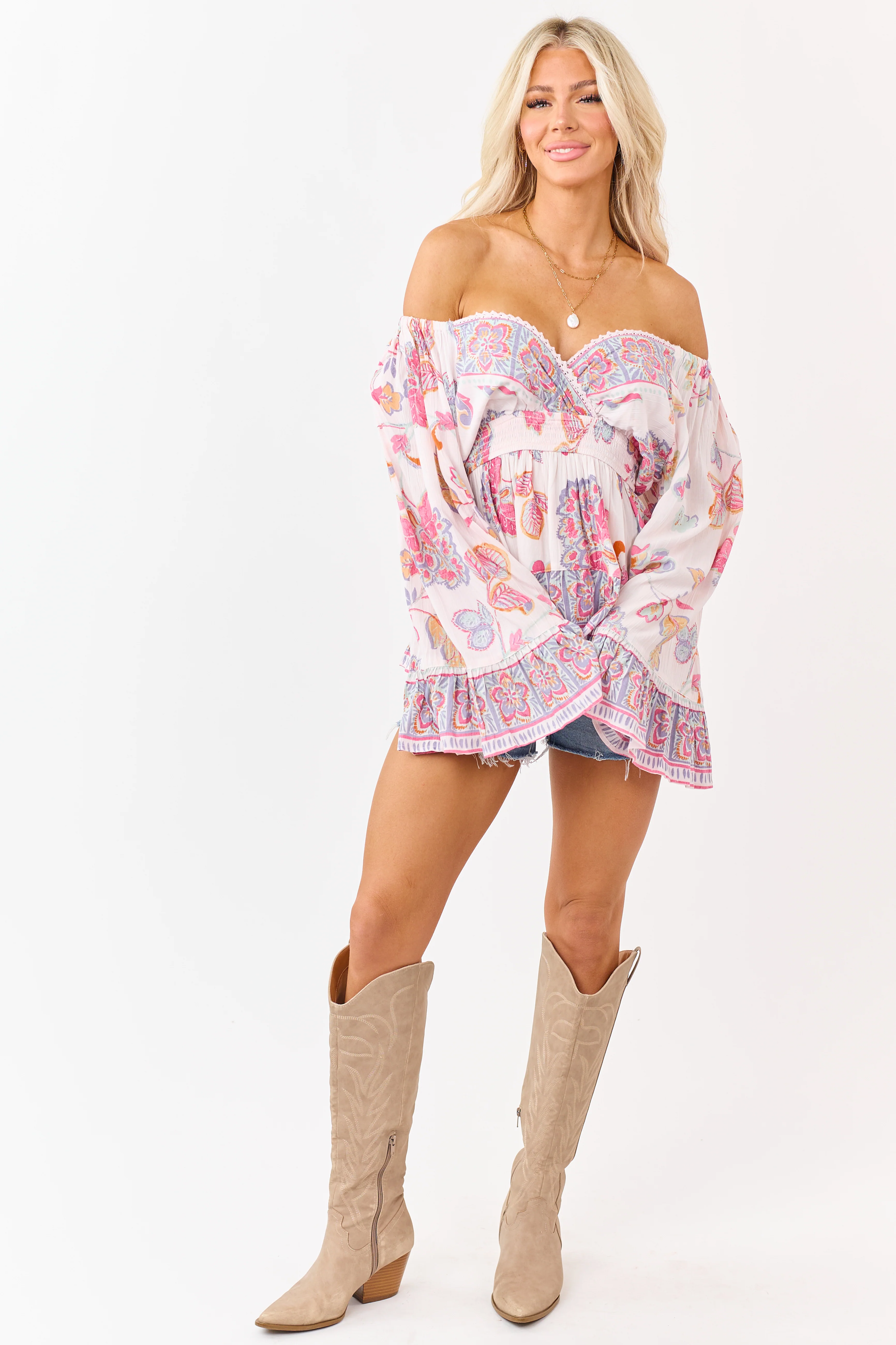 Blush Floral Print Lace Trim Bell Sleeve Top - Image 5