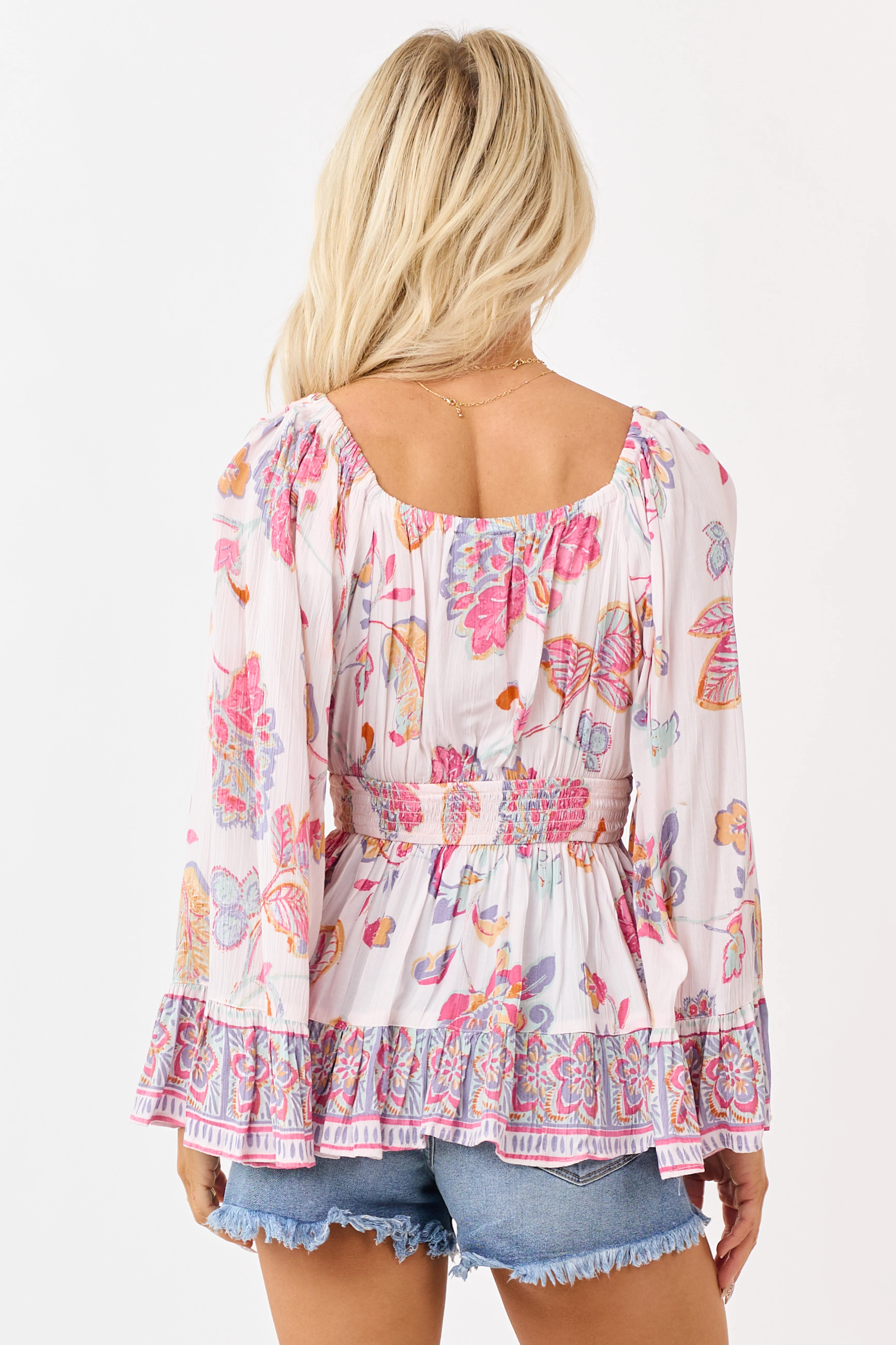 Blush Floral Print Lace Trim Bell Sleeve Top - Image 7