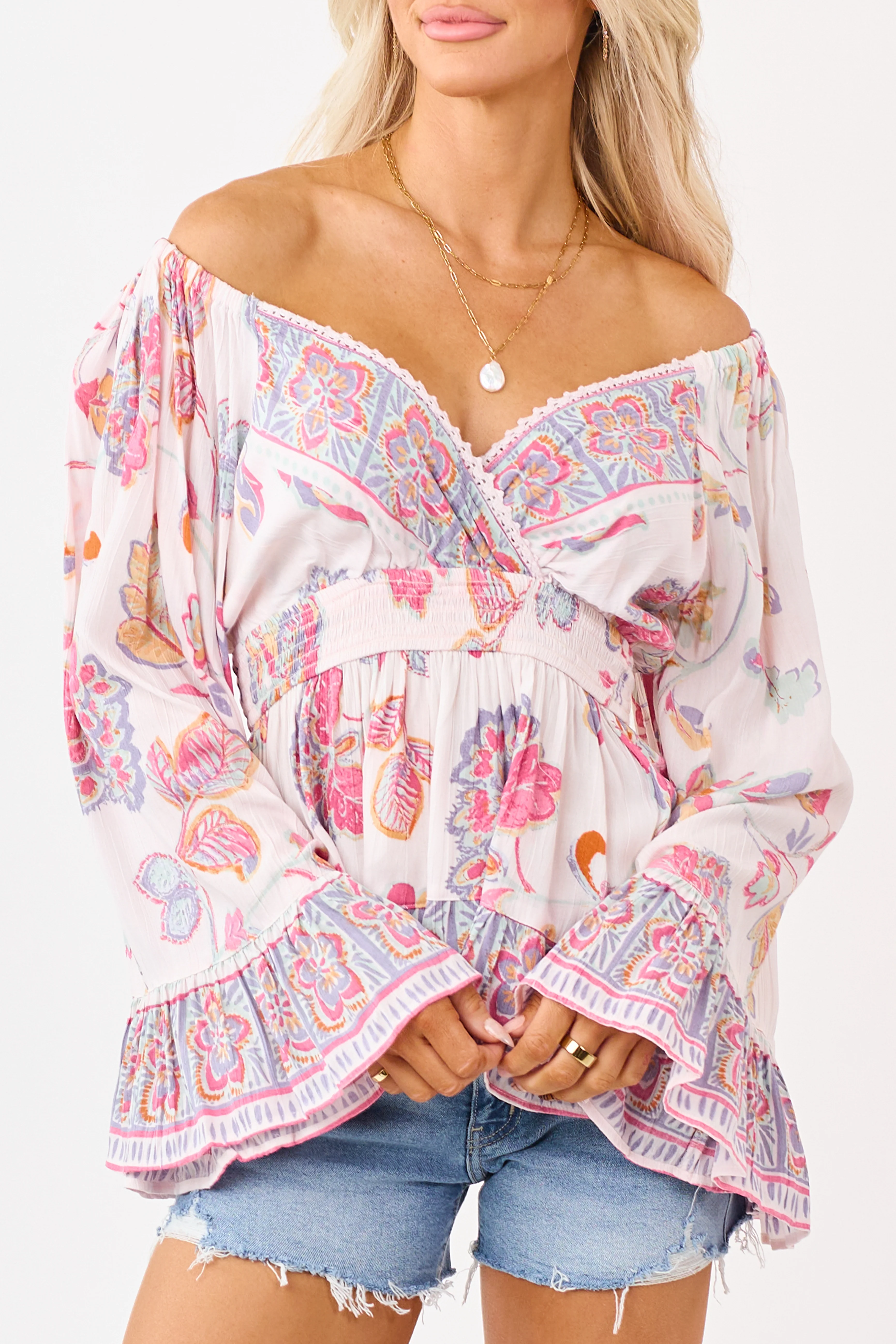 Blush Floral Print Lace Trim Bell Sleeve Top - Image 8