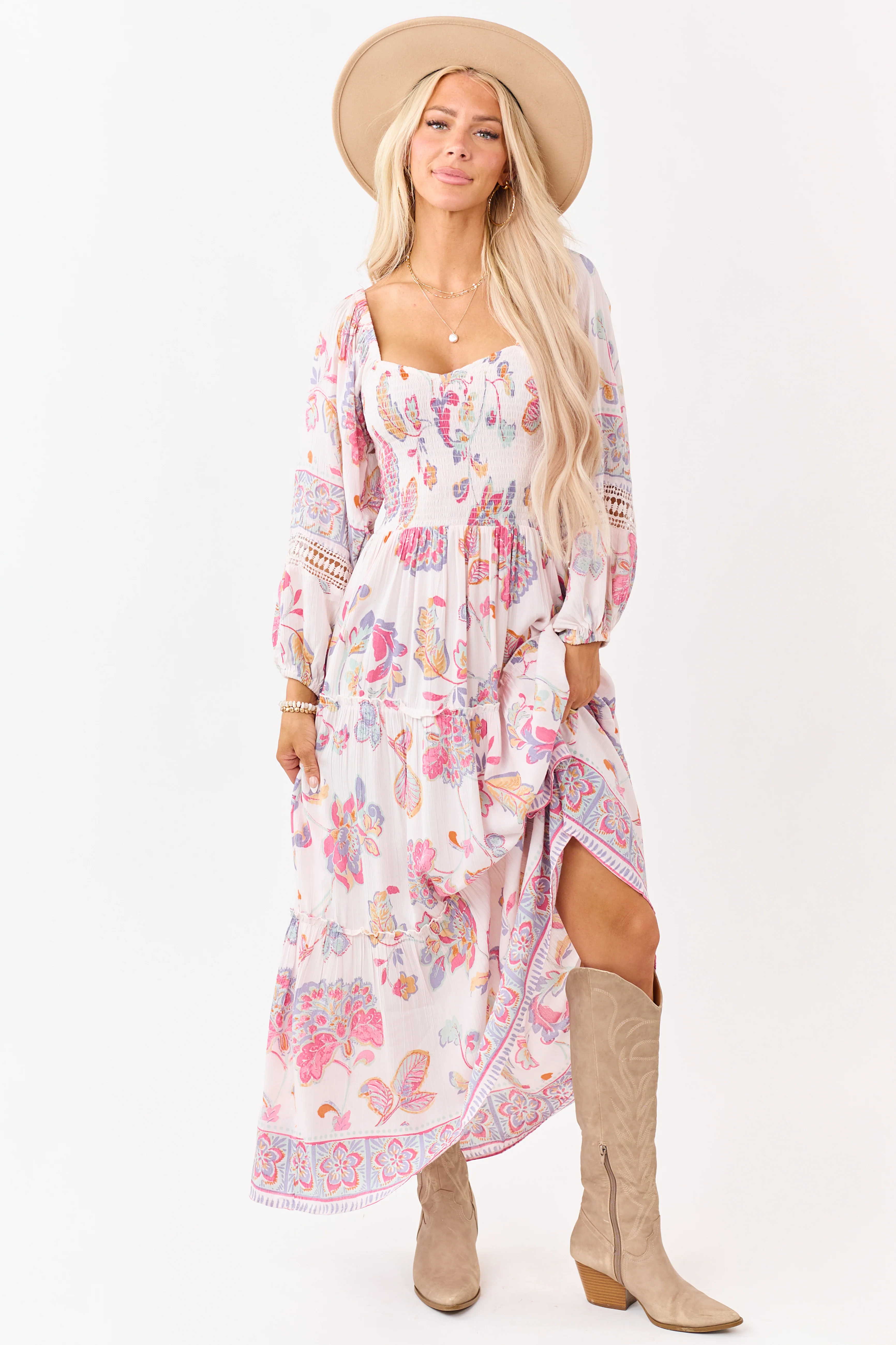 Blush Floral Print Long Sleeve Tiered Maxi Dress
