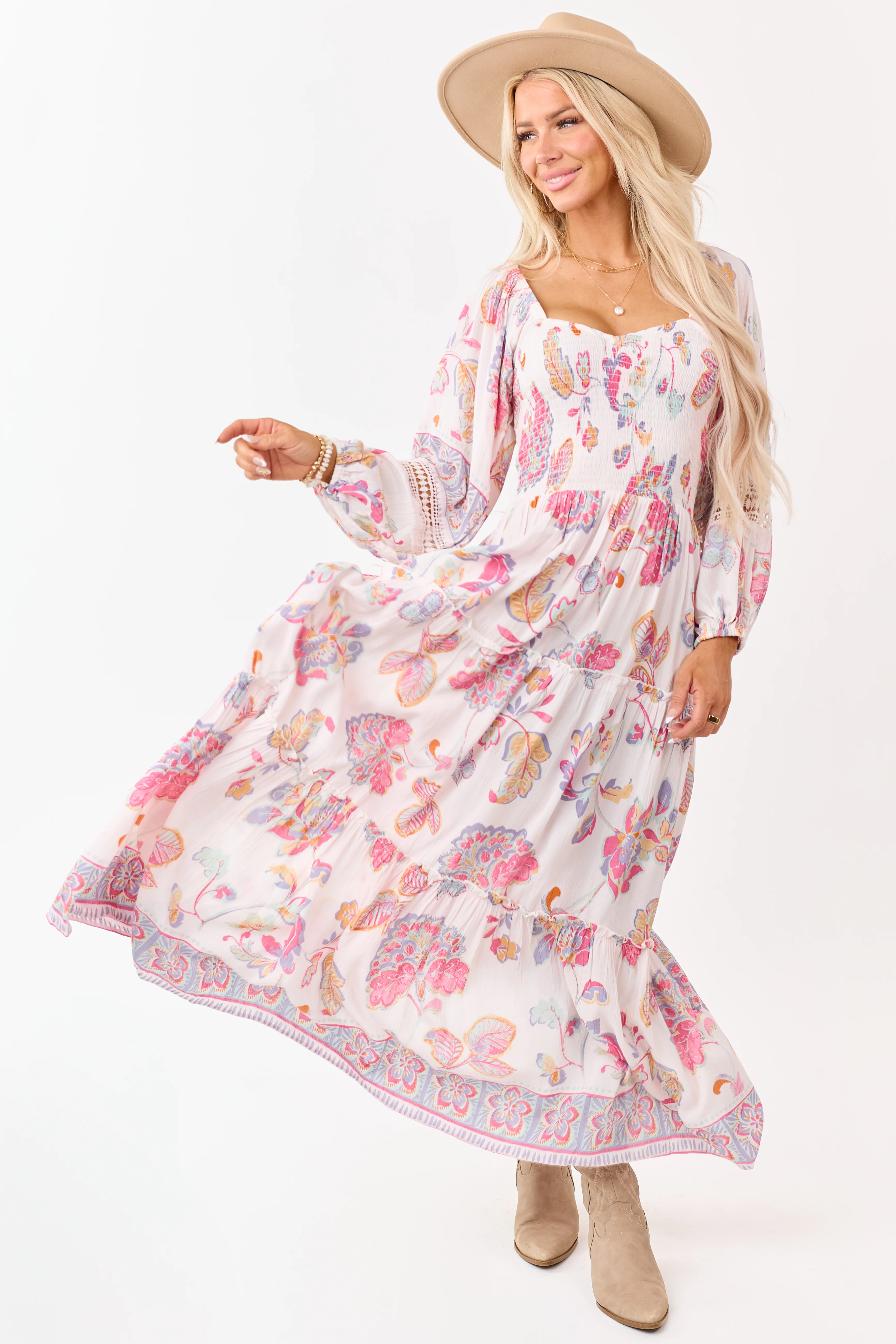 Blush Floral Print Long Sleeve Tiered Maxi Dress - Image 2