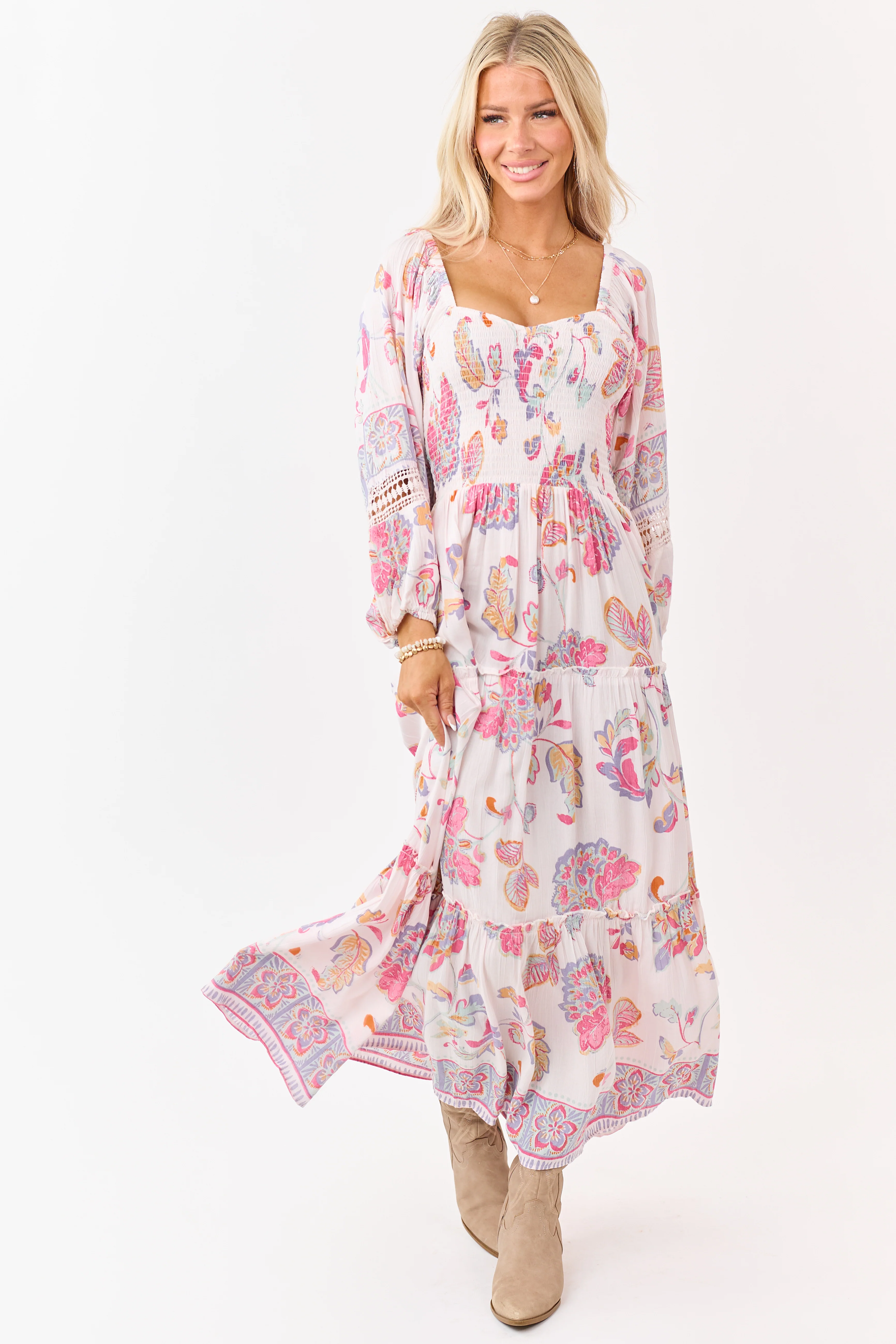 Blush Floral Print Long Sleeve Tiered Maxi Dress - Image 3