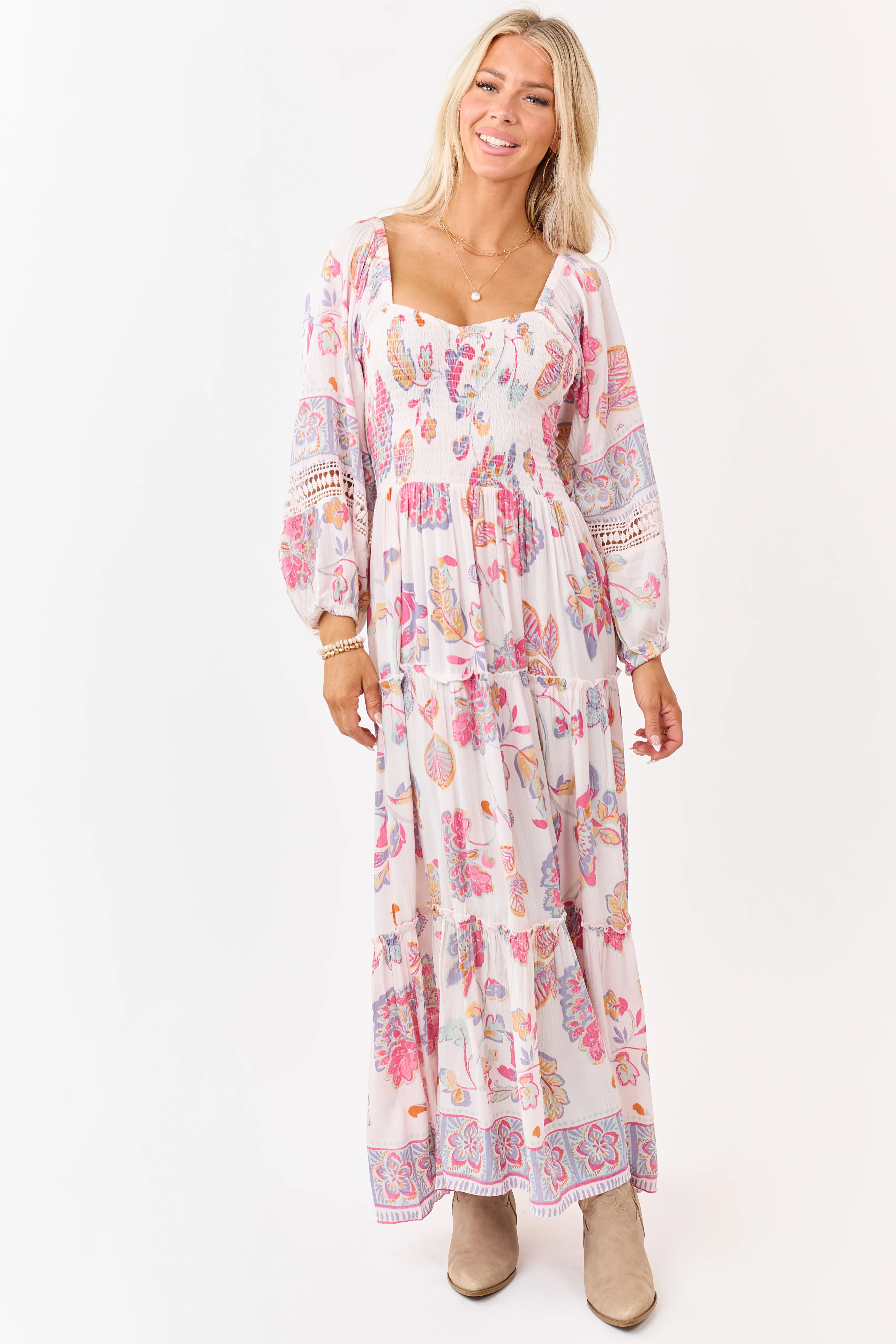Blush Floral Print Long Sleeve Tiered Maxi Dress - Image 4