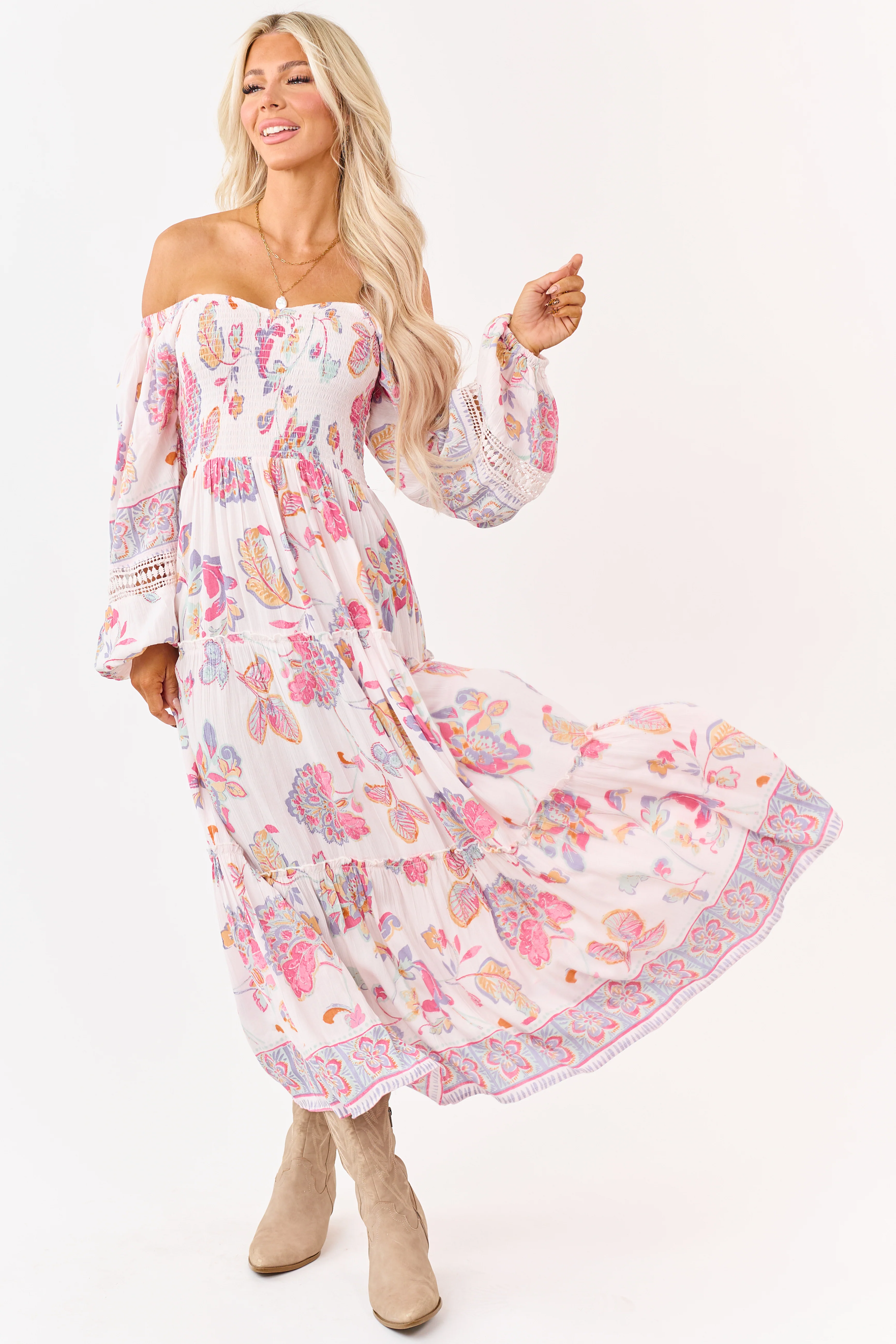 Blush Floral Print Long Sleeve Tiered Maxi Dress - Image 5