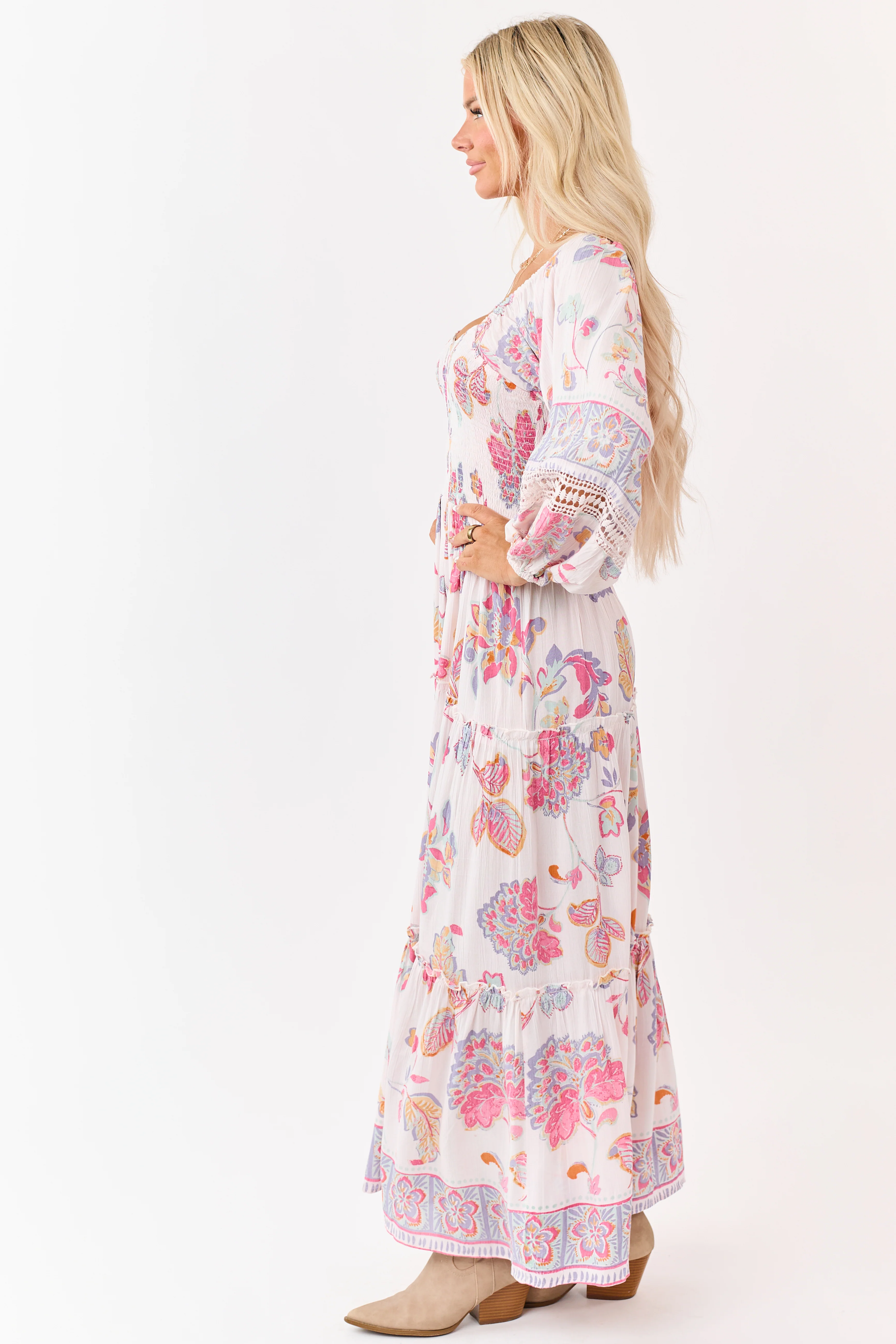 Blush Floral Print Long Sleeve Tiered Maxi Dress - Image 7