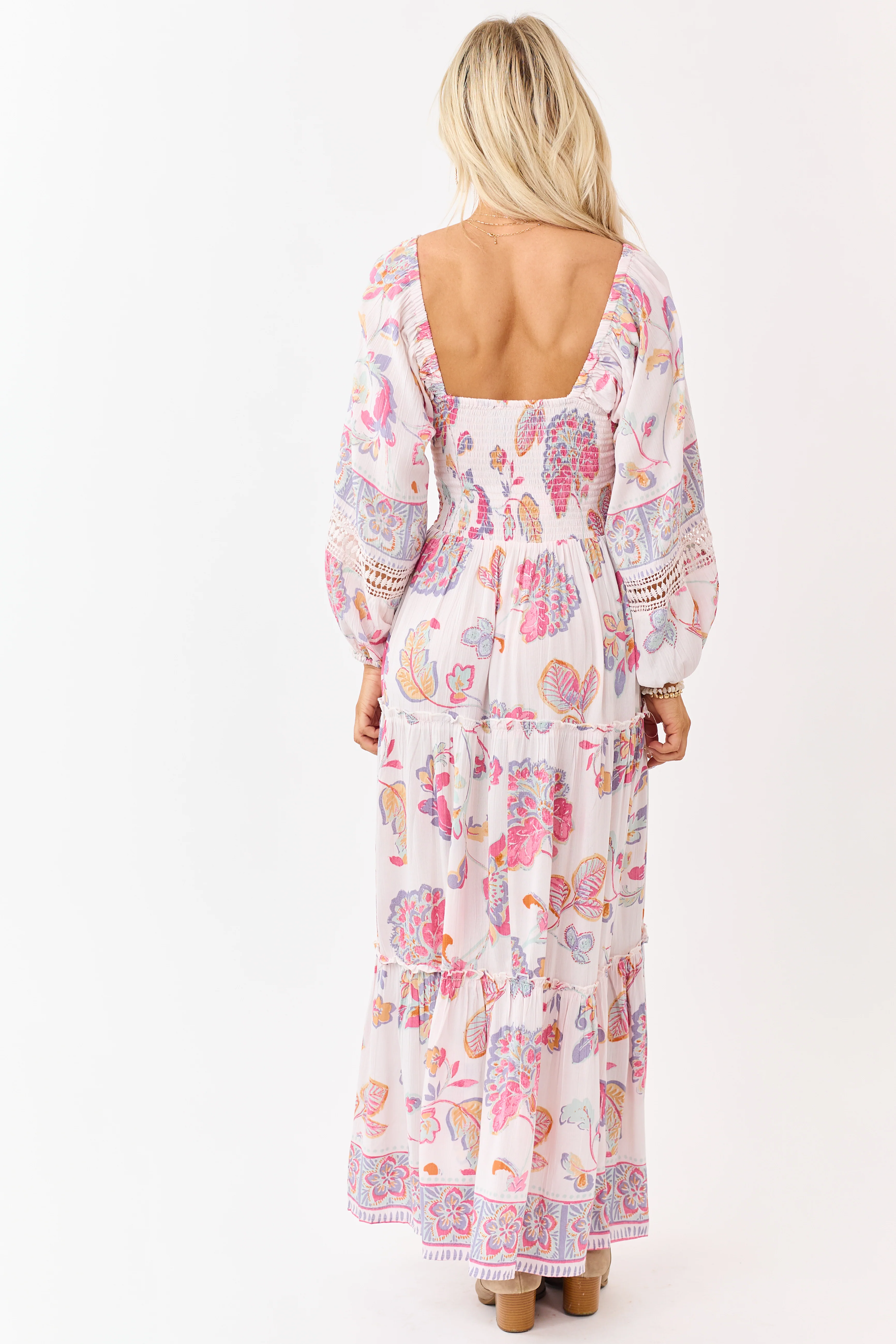 Blush Floral Print Long Sleeve Tiered Maxi Dress - Image 8