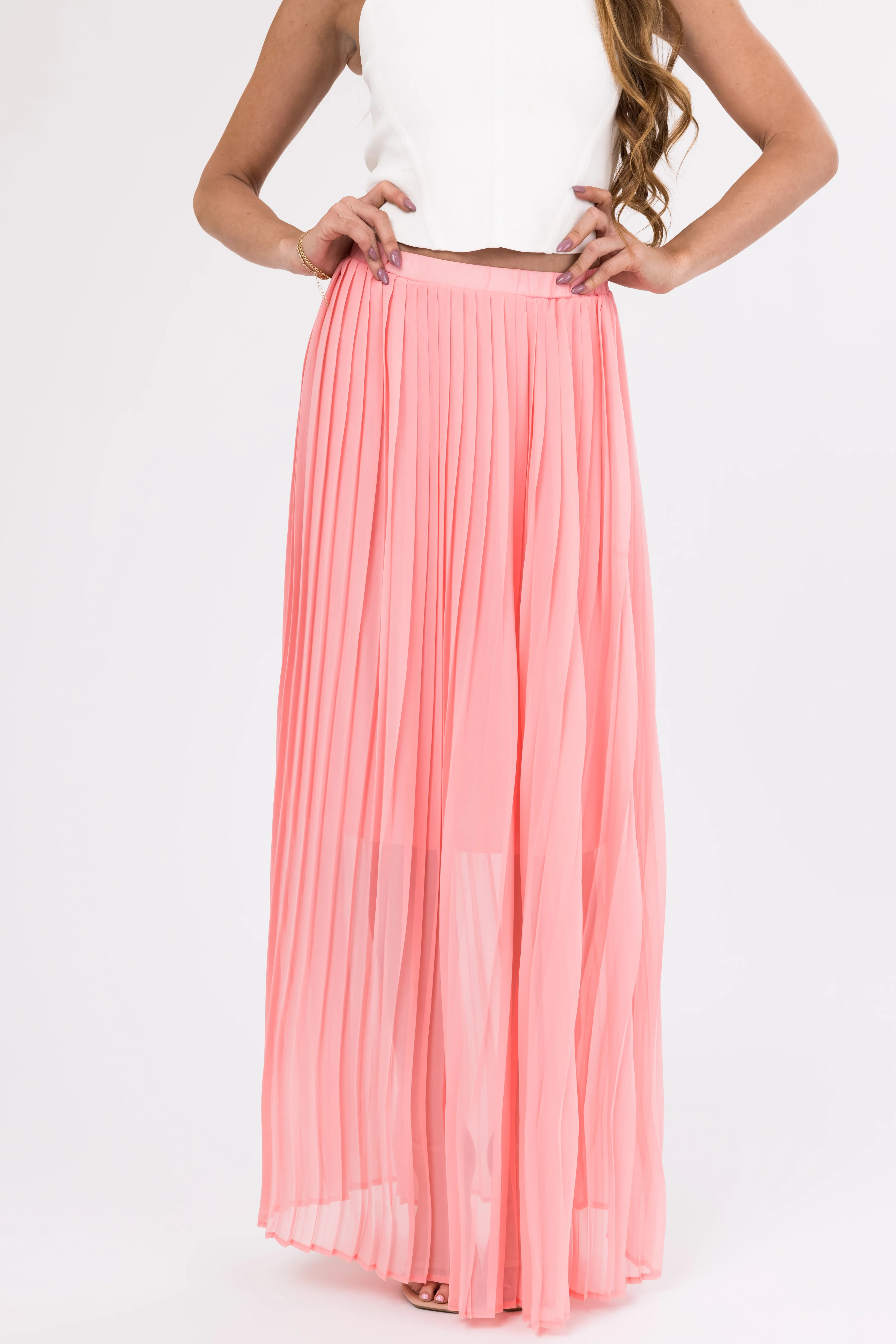 Blush Pleated Chiffon Elastic Waist Maxi Skirt - Image 2