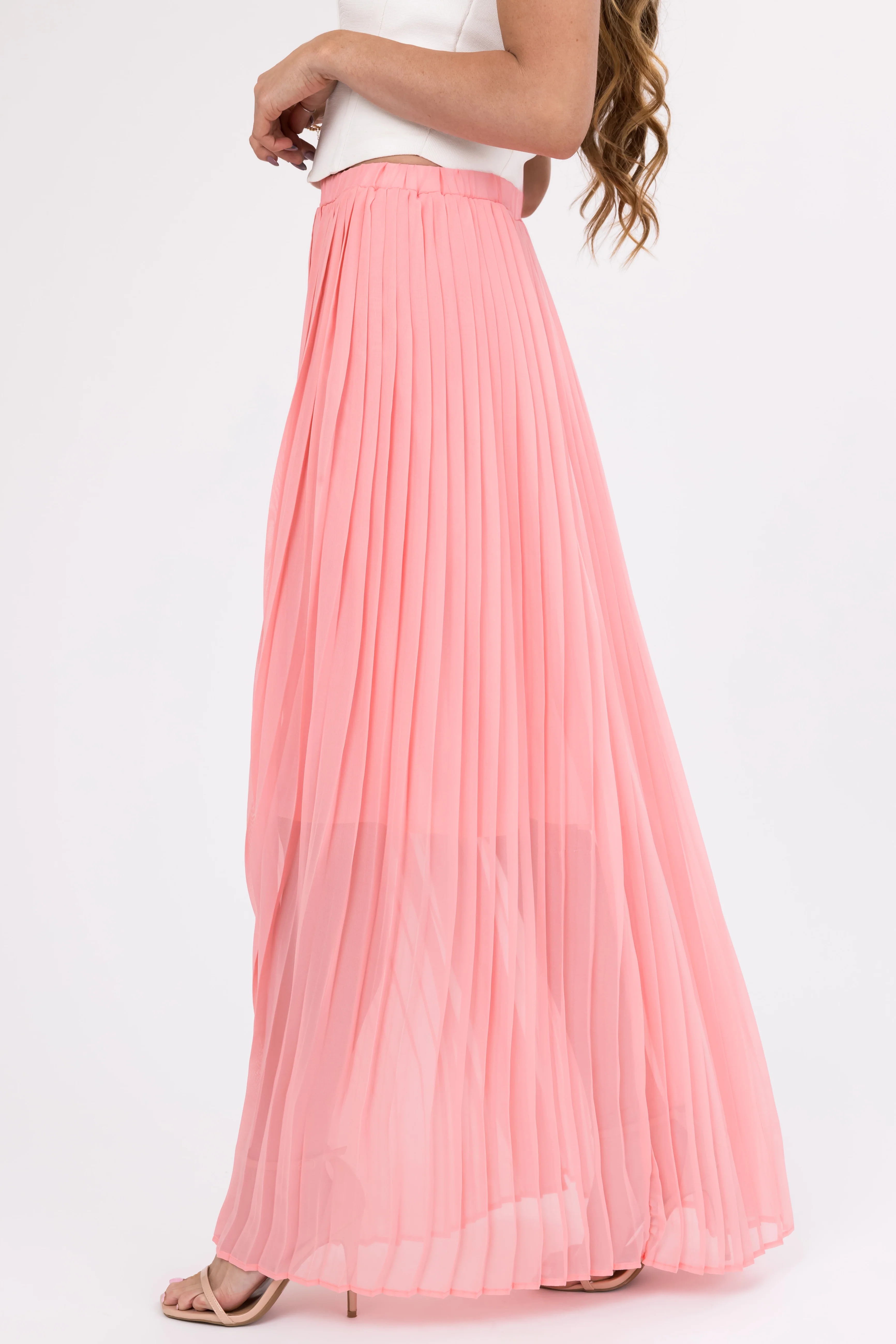 Blush Pleated Chiffon Elastic Waist Maxi Skirt - Image 3