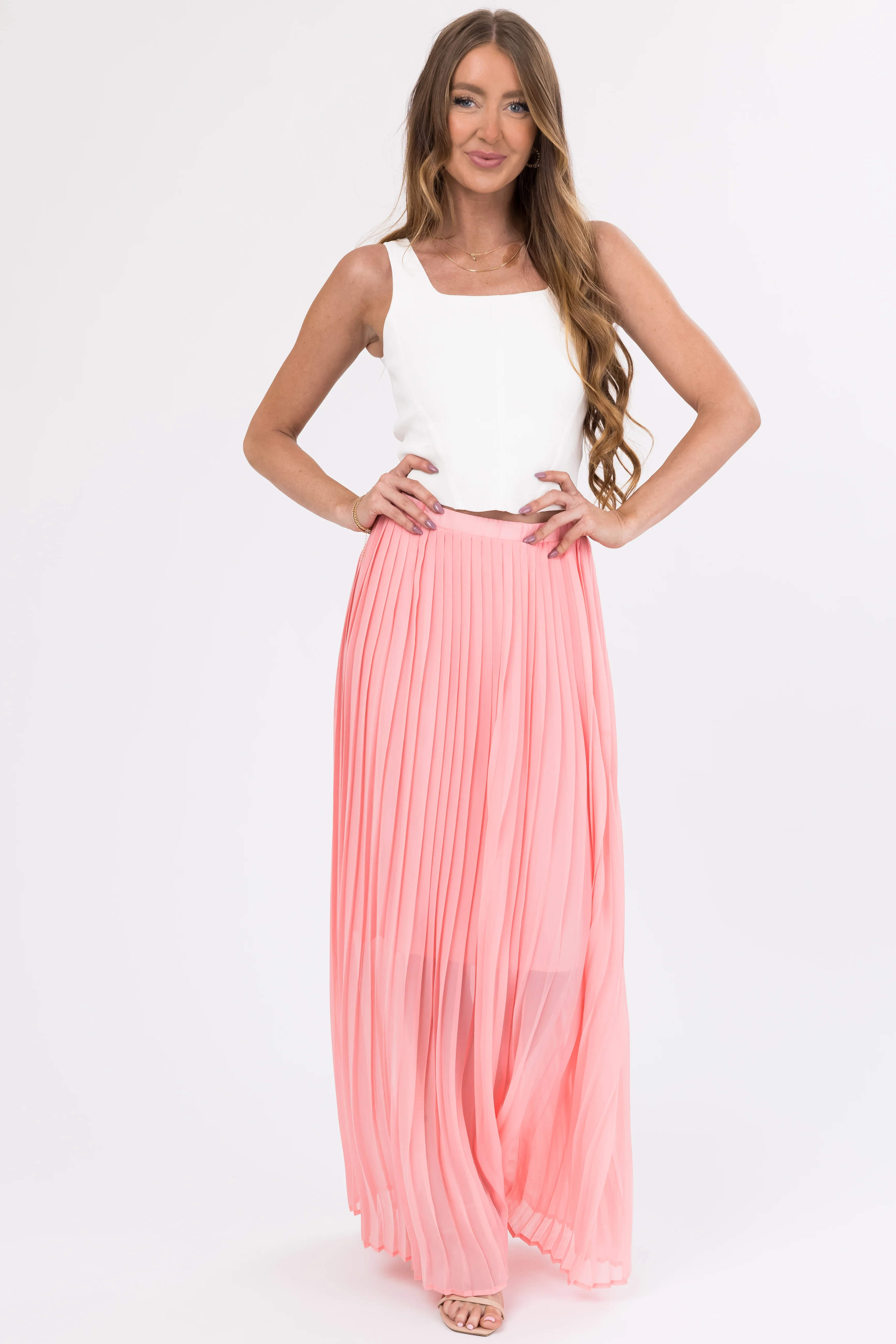 Blush Pleated Chiffon Elastic Waist Maxi Skirt - Image 5