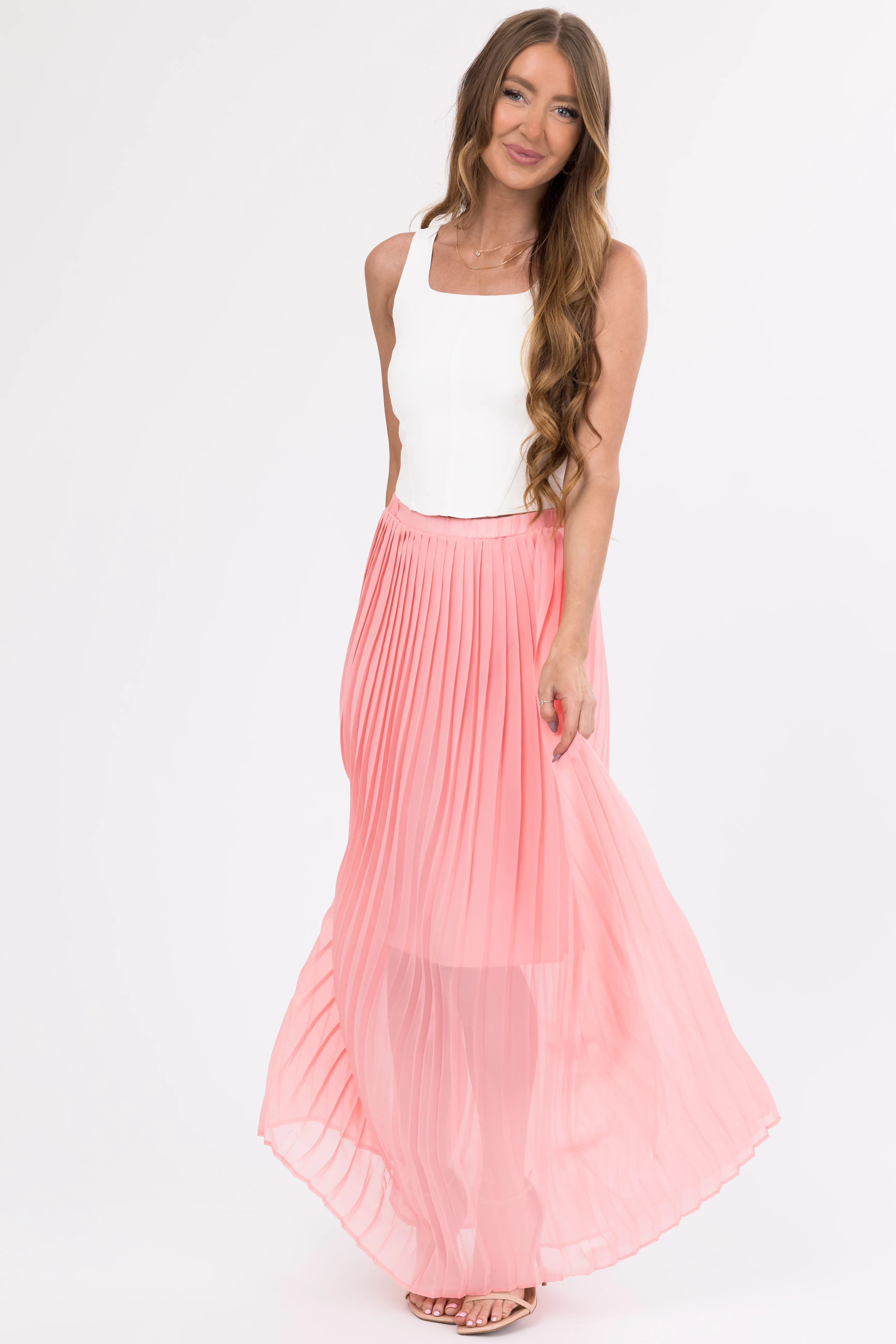 Blush Pleated Chiffon Elastic Waist Maxi Skirt - Image 6