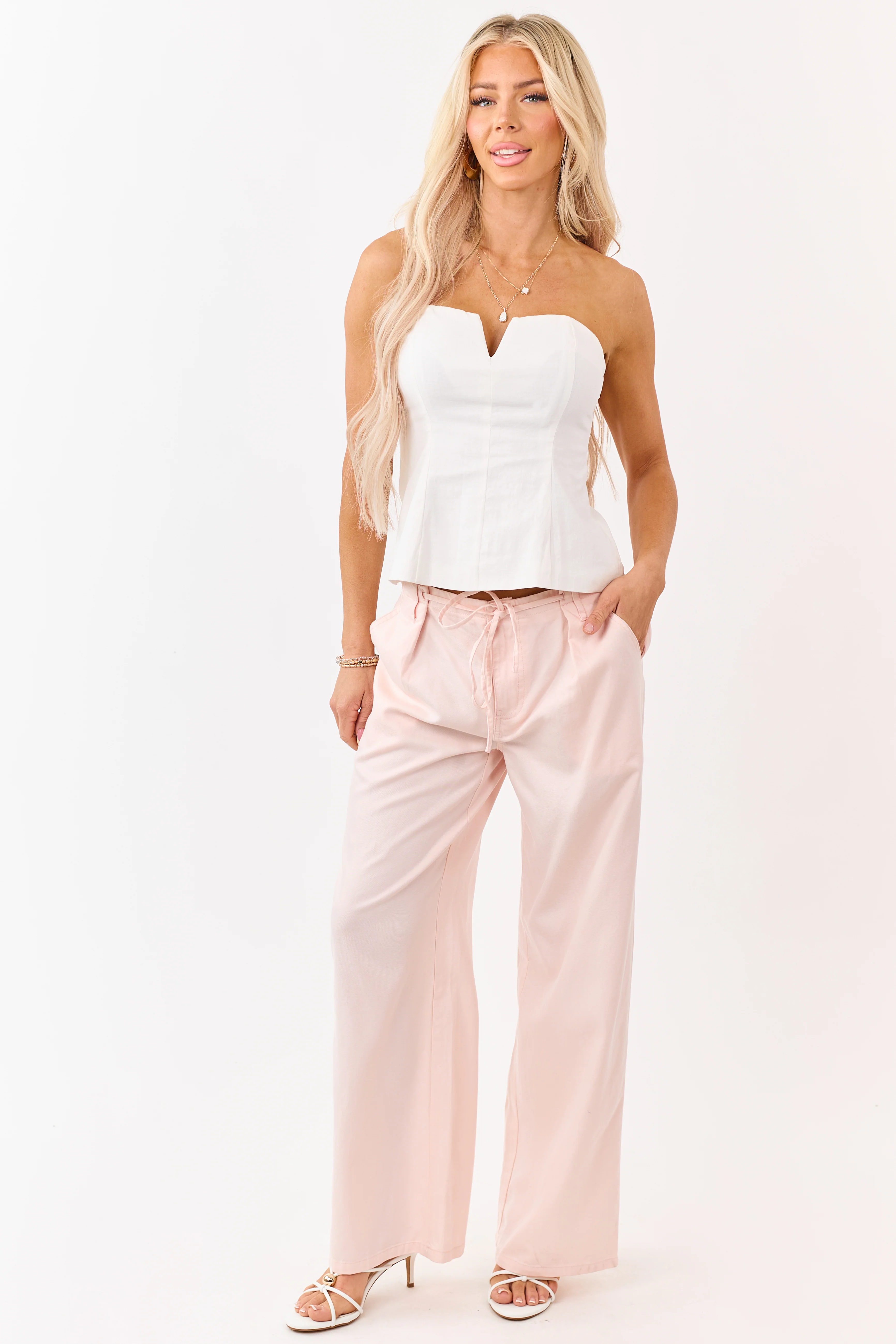 Blush Pleated Tie Detail Wide Leg Pants - Image 5
