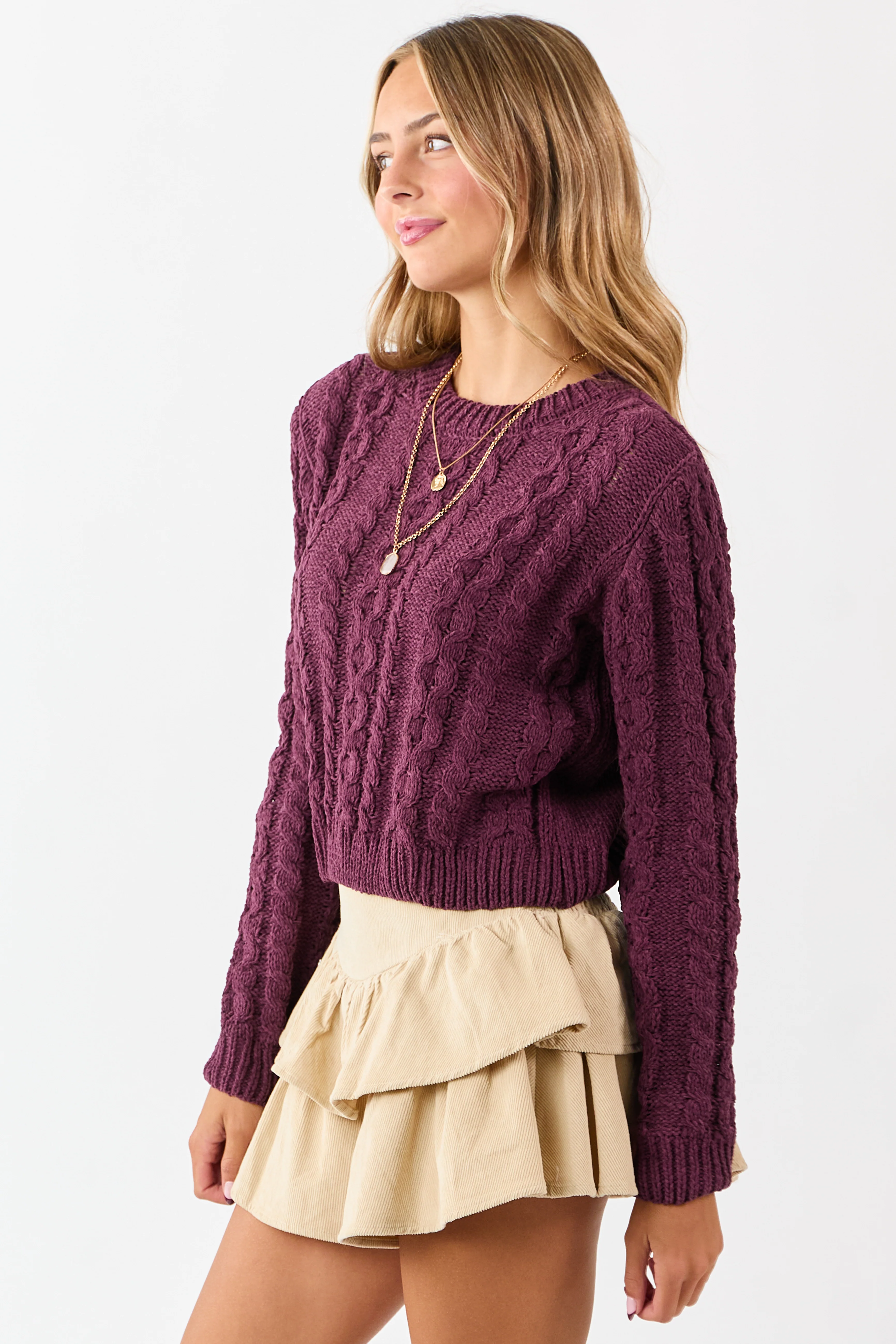 Boysenberry Chenille Cable Knit Sweater - Image 4