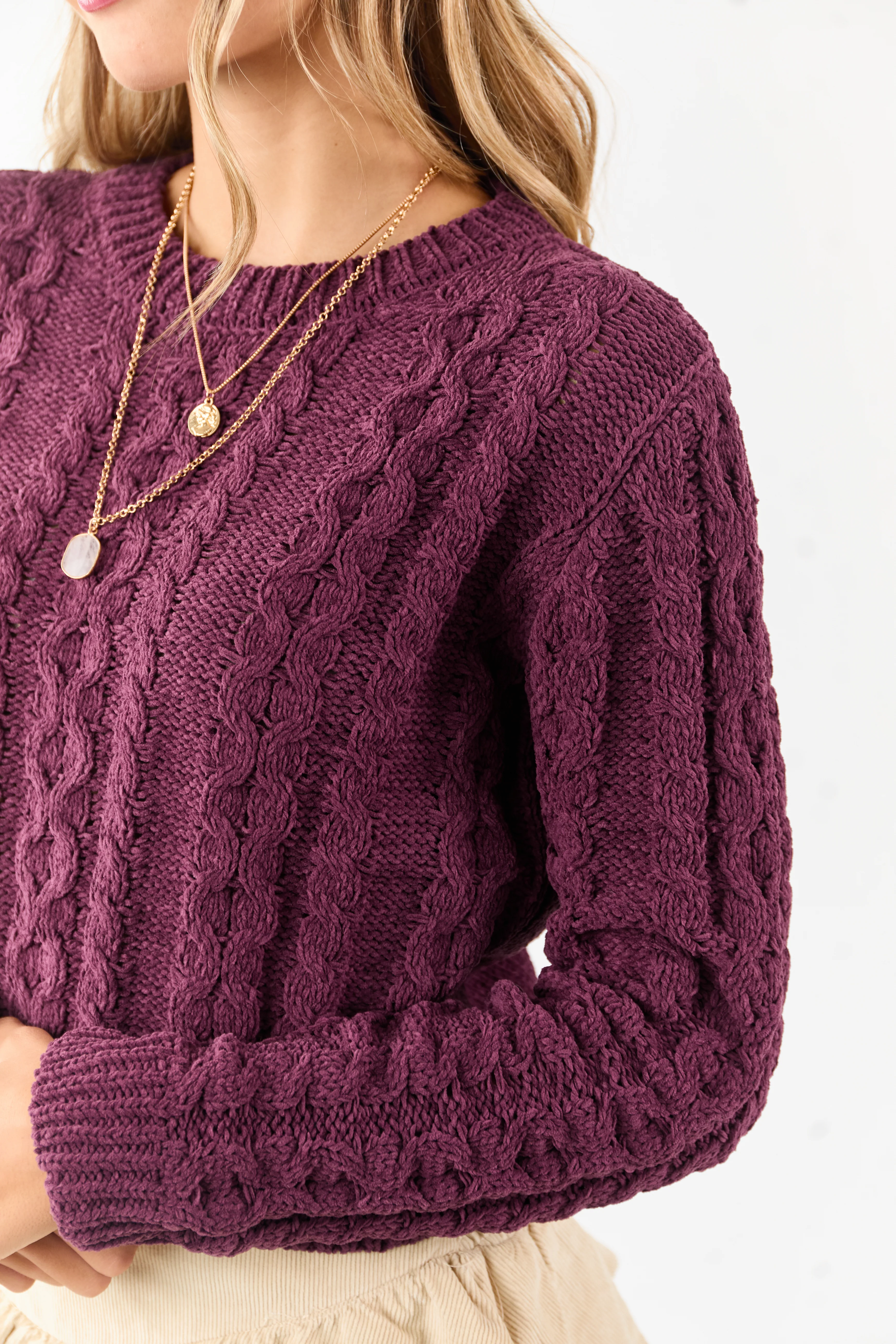 Boysenberry Chenille Cable Knit Sweater - Image 6