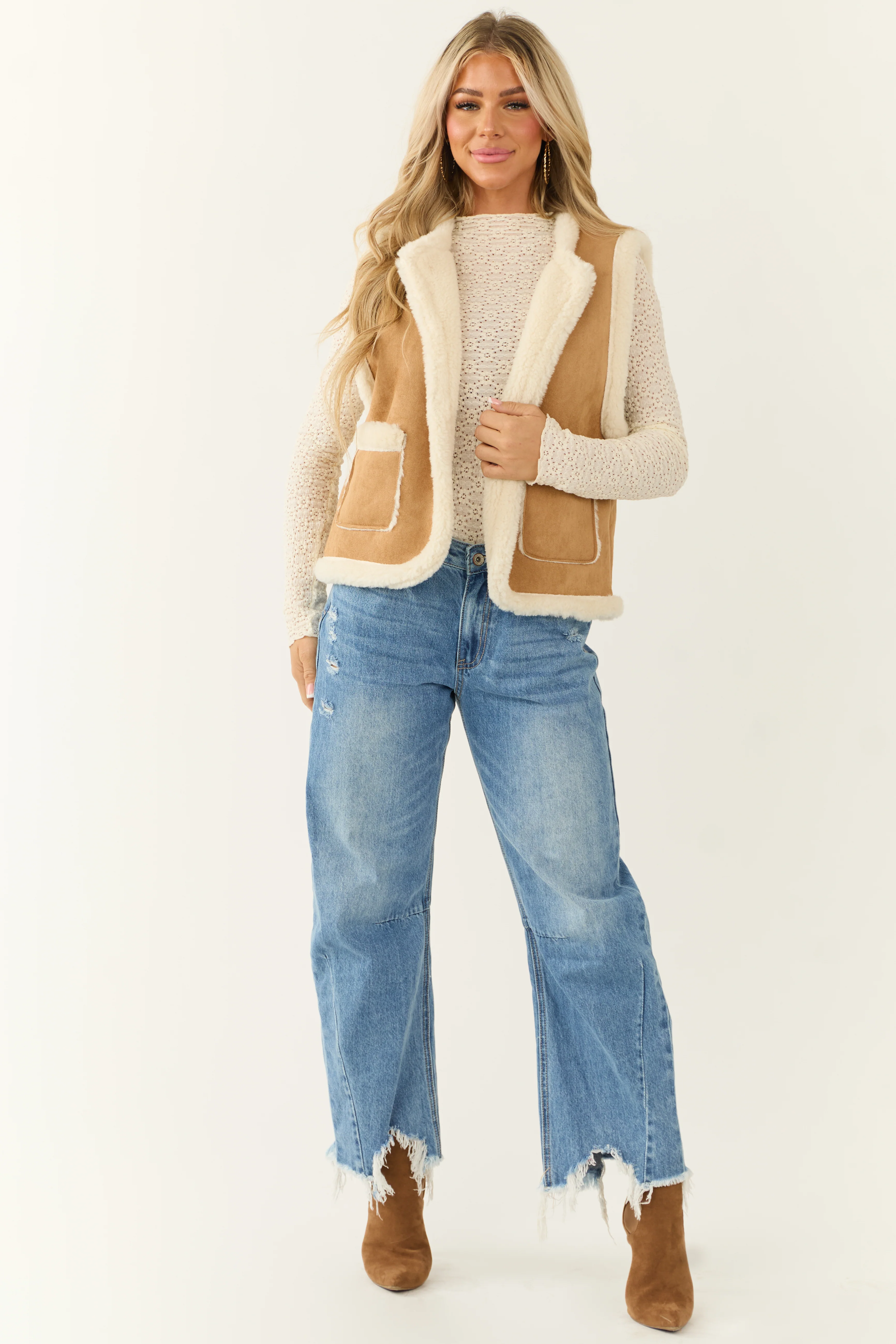 Brown Sugar Faux Suede Sherpa Lined Vest - Image 2