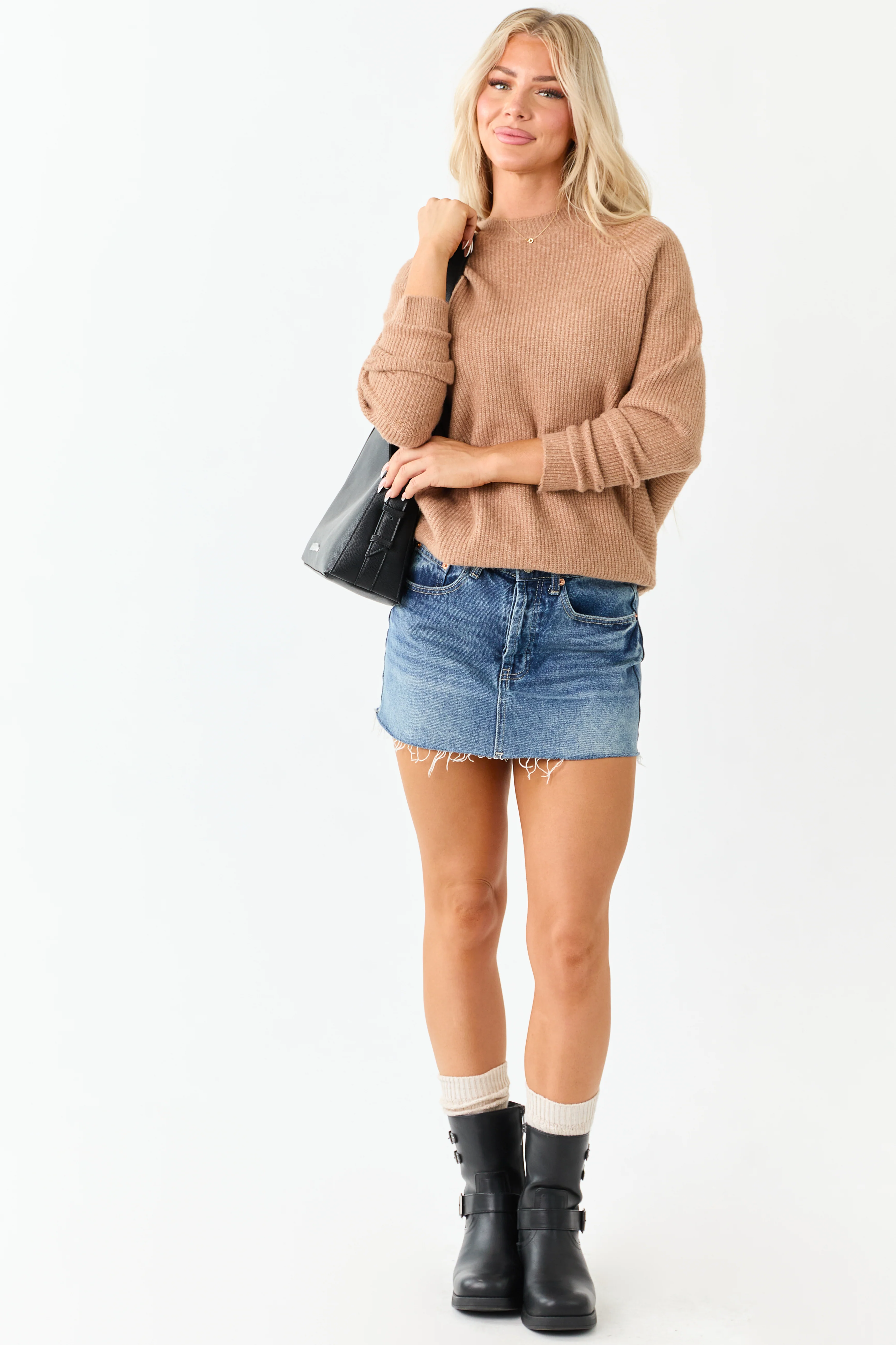 Brown Sugar Ribbed Knit Round Neck Relaxed Sweater - Image 3