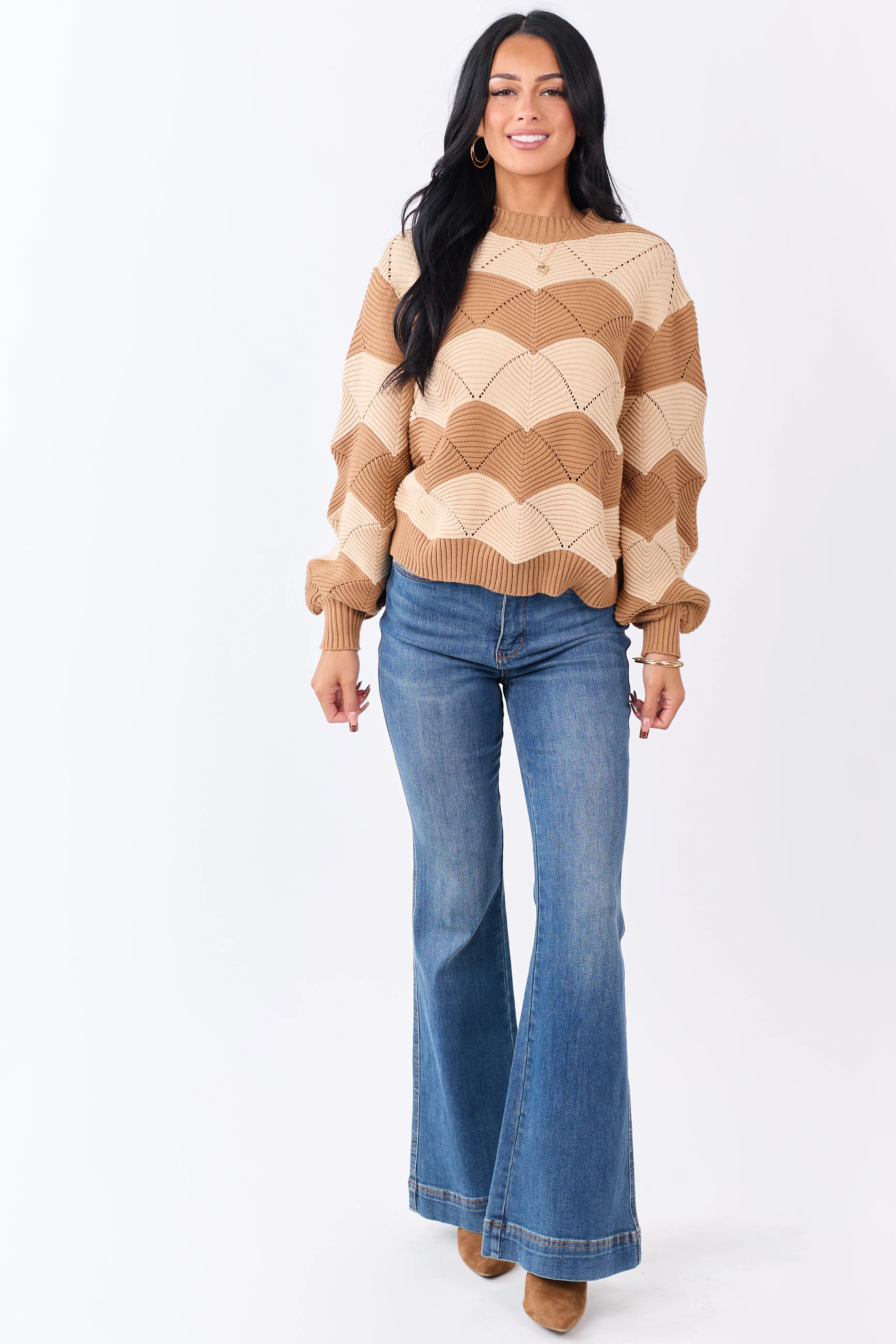 Brown Sugar Wavy Stripe Pointelle Cotton Sweater - Image 2