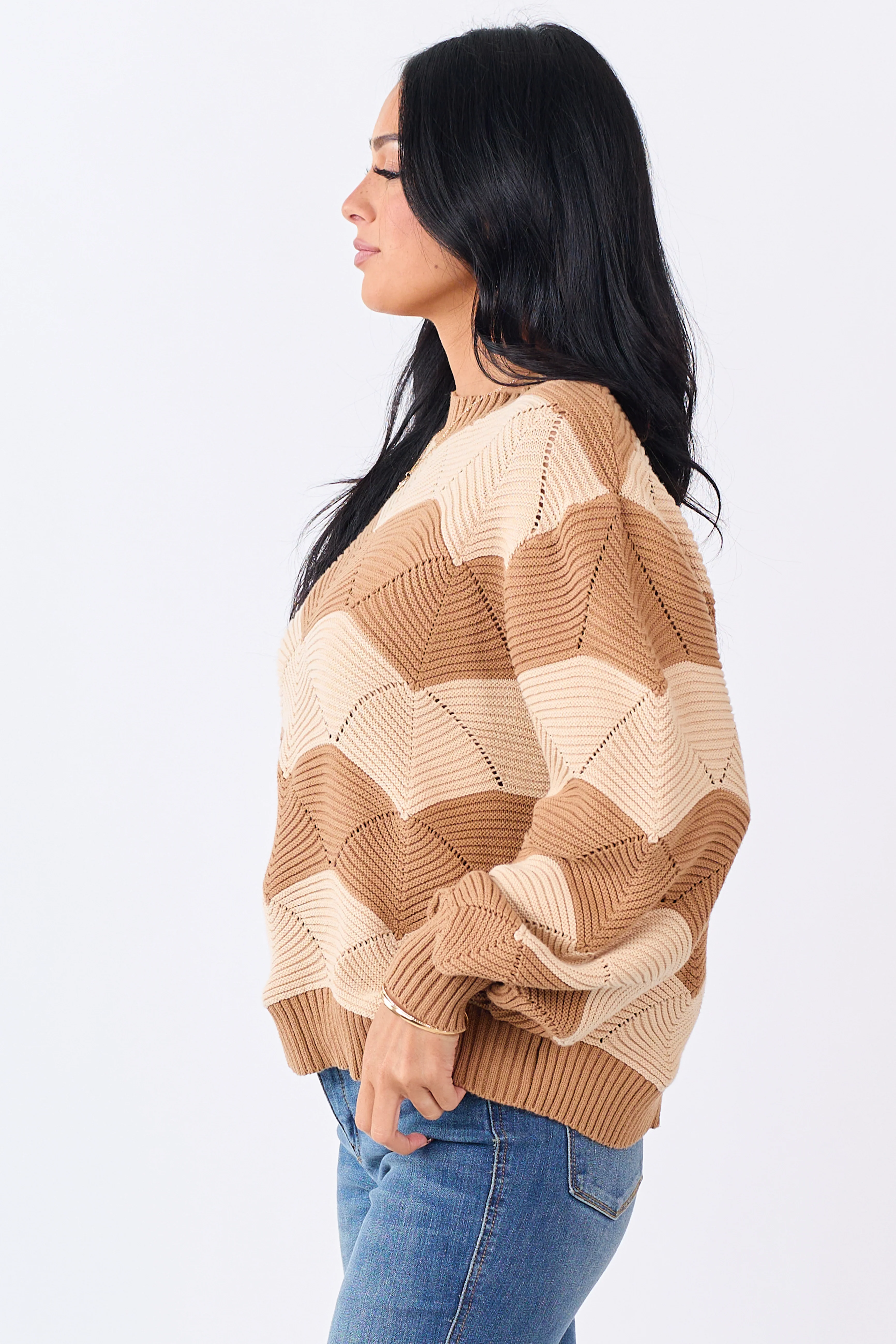 Brown Sugar Wavy Stripe Pointelle Cotton Sweater - Image 4