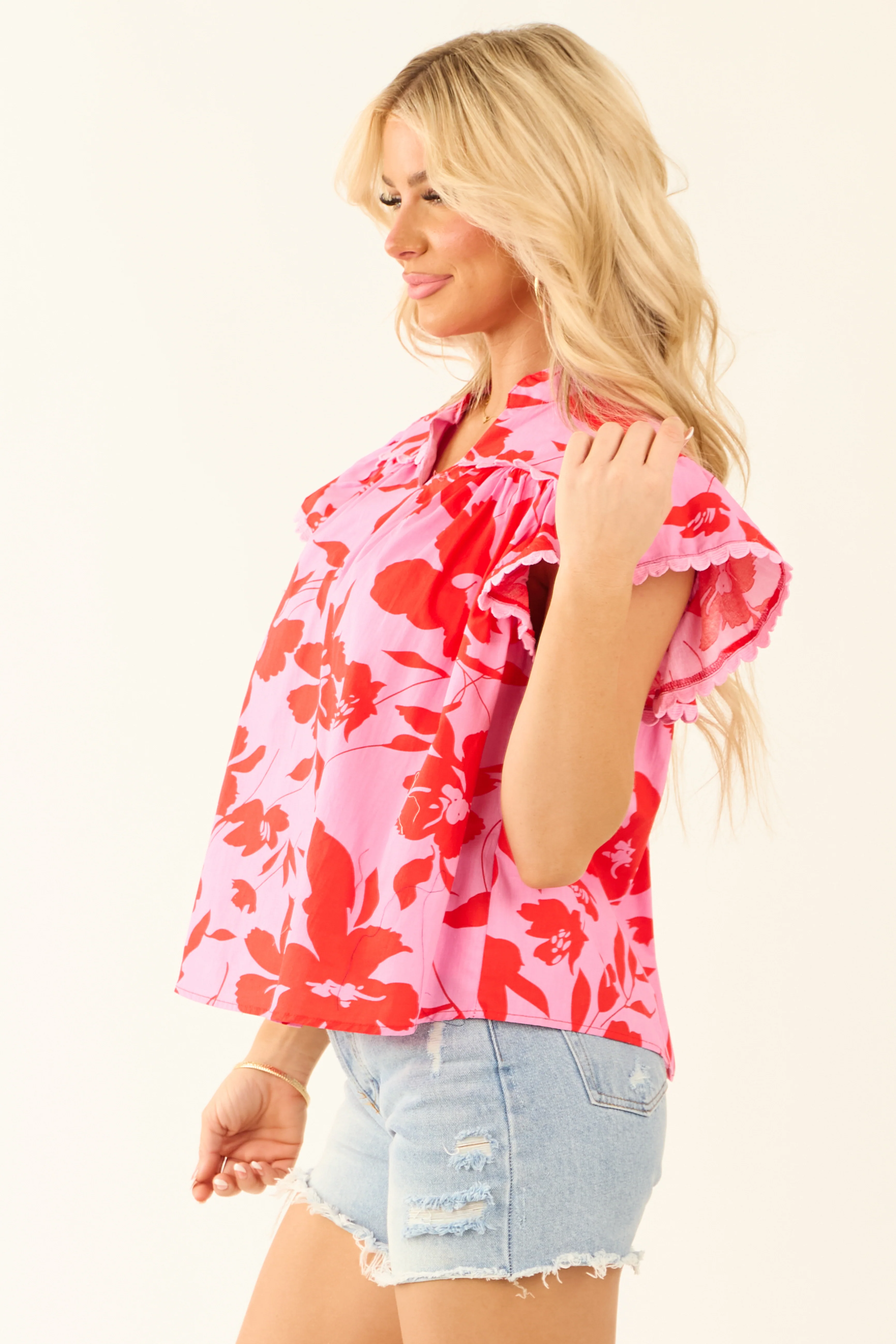 Bubblegum Floral Crochet Lace Trim Short Sleeve Top - Image 4