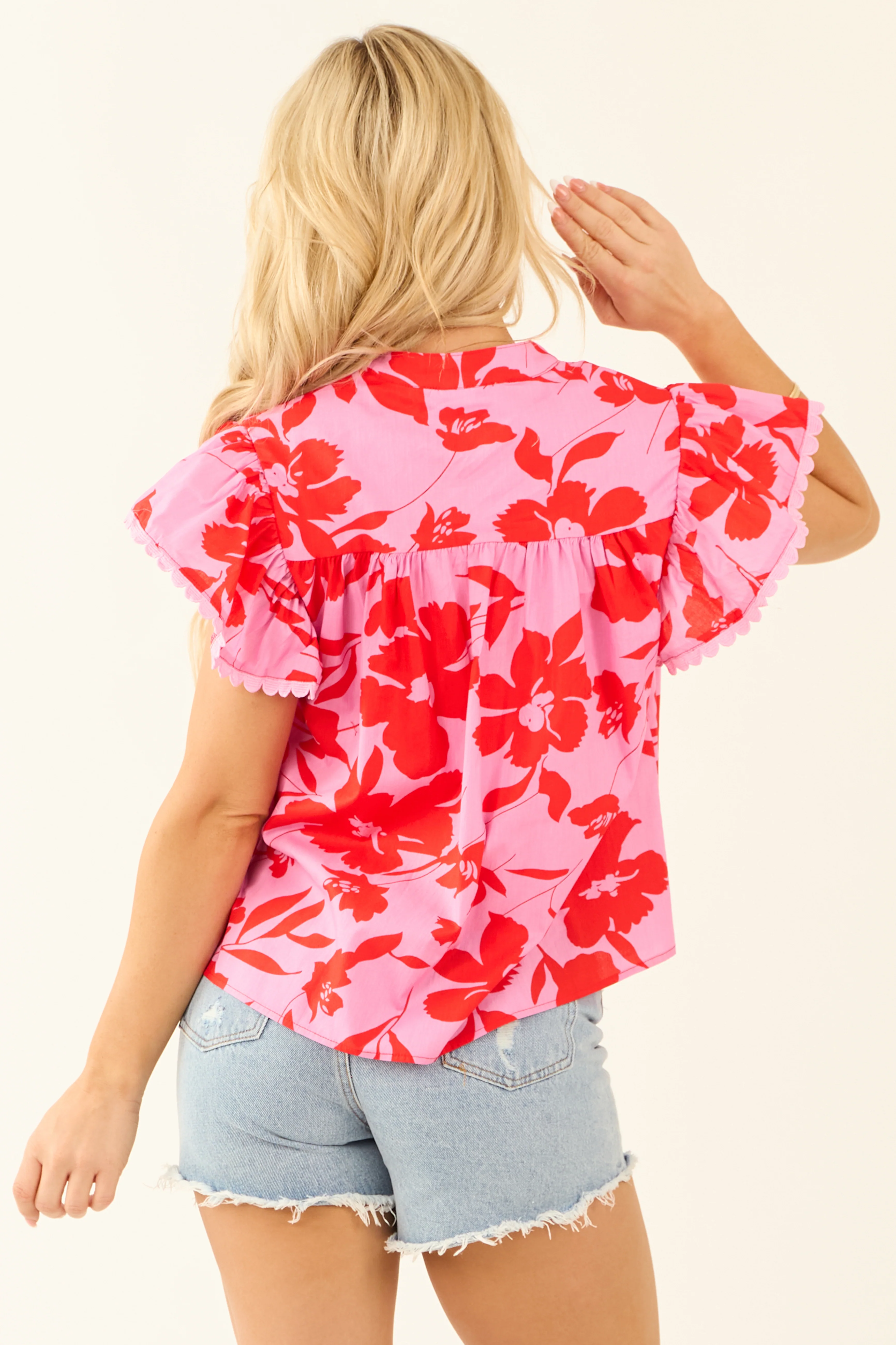 Bubblegum Floral Crochet Lace Trim Short Sleeve Top - Image 5