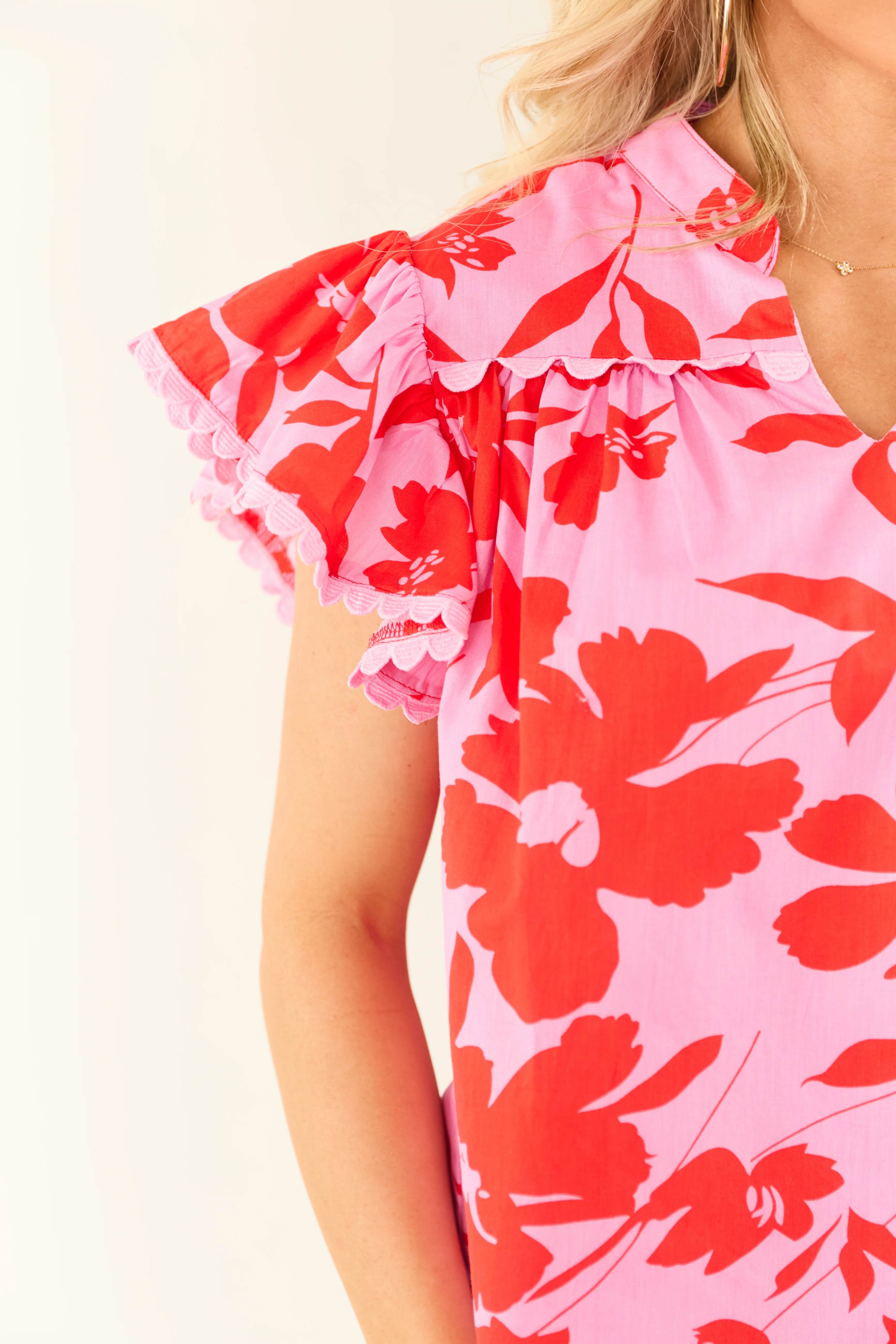 Bubblegum Floral Crochet Lace Trim Short Sleeve Top - Image 6