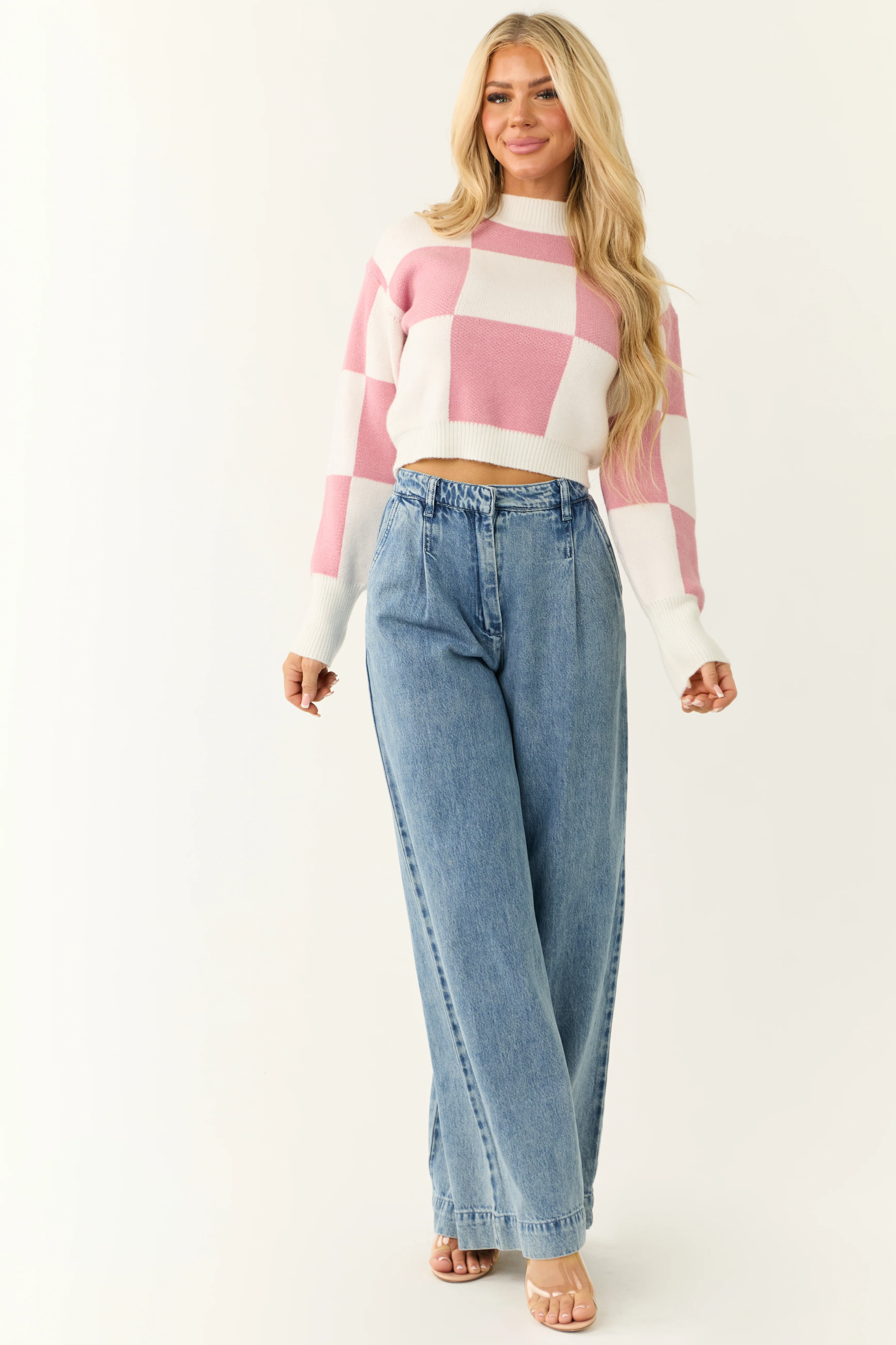 Bubblegum and Ivory Checkered Crop Sweater - Image 2