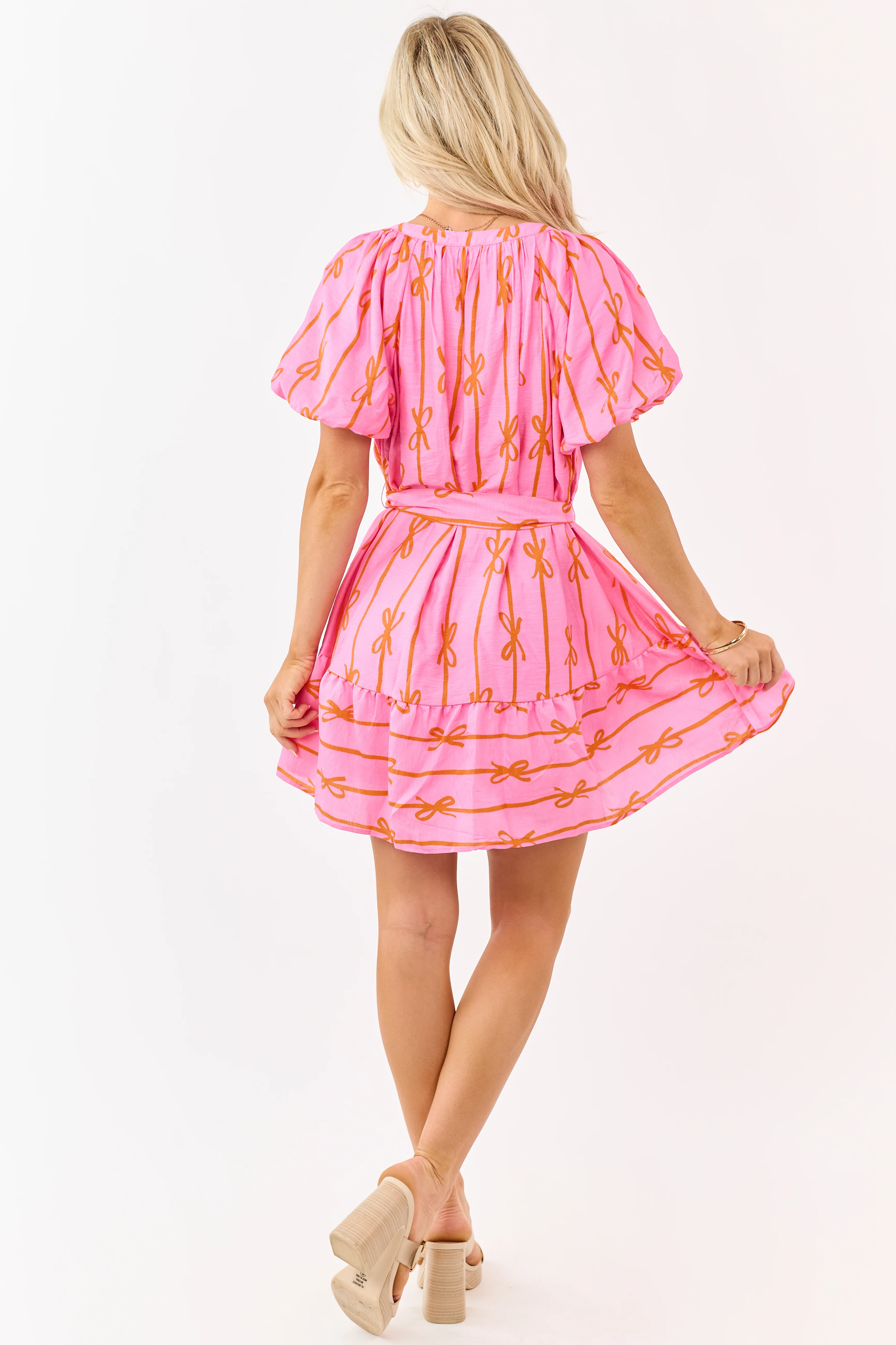 Bubblegum and Tangerine Bow Print Mini Dress - Image 5
