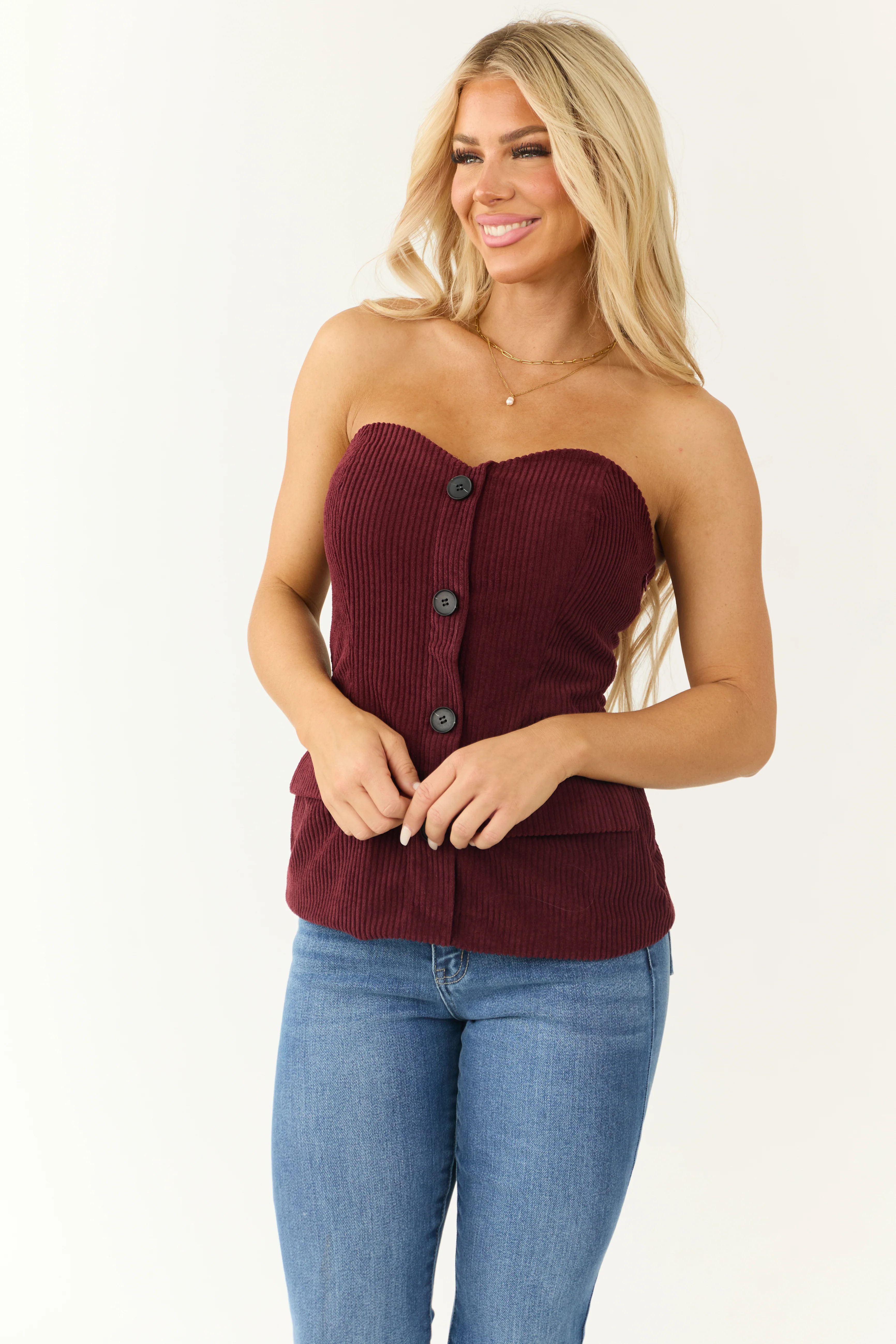 Burgundy Corduroy Sweetheart Strapless Top - Image 5