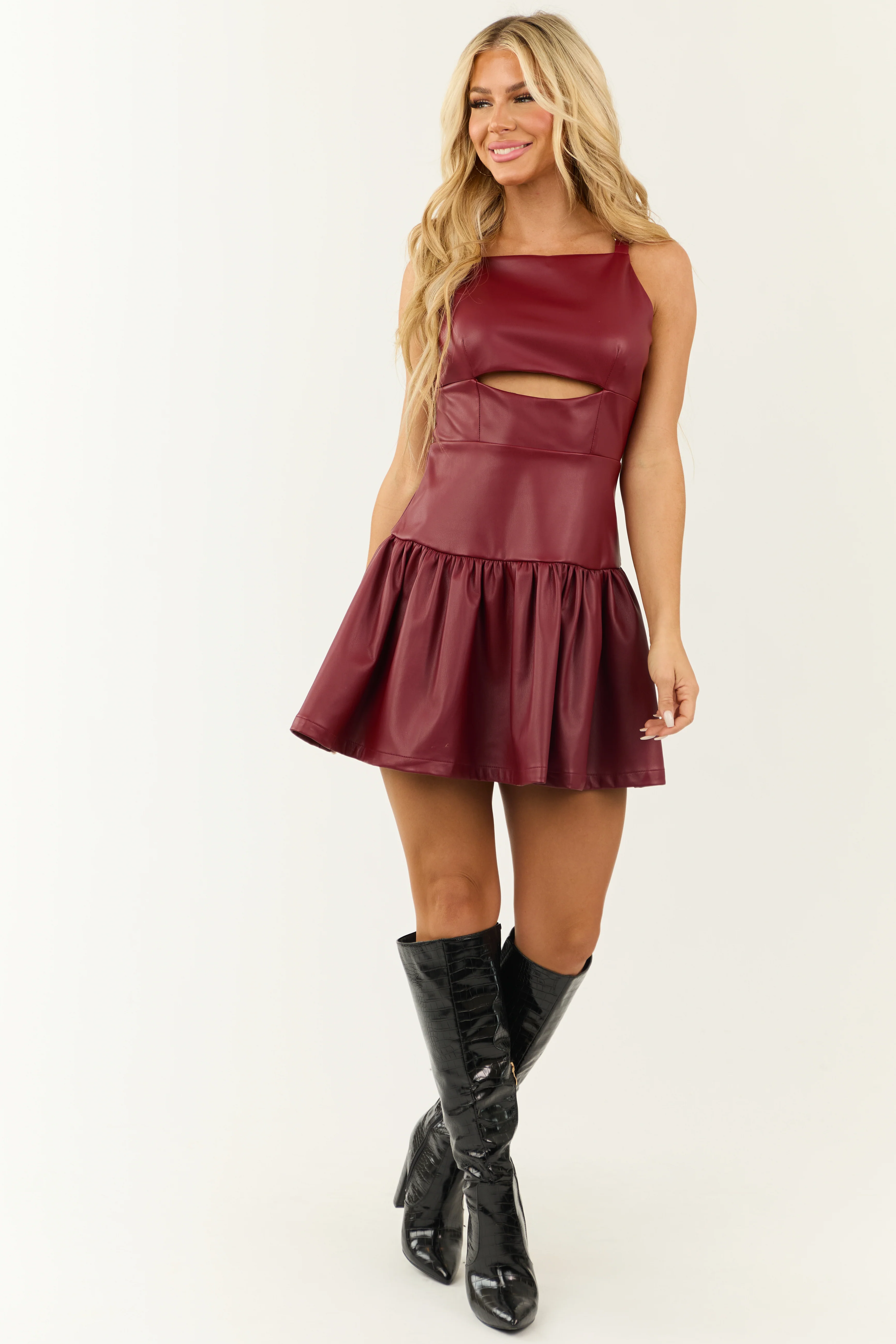 Burgundy Open Back Faux Leather Cut Out Dress - Image 3