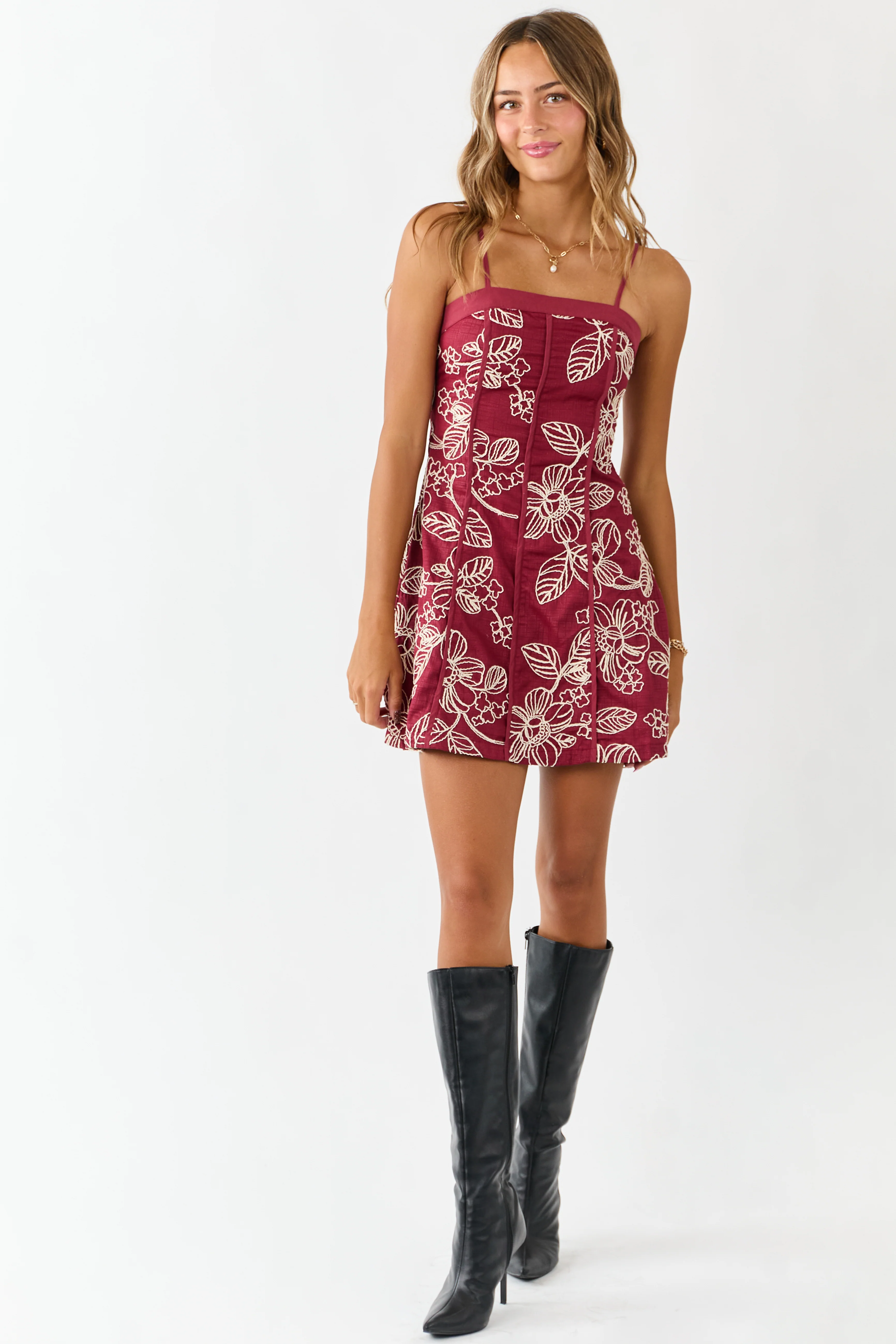 Burgundy Raised Floral Embroidery Mini Dress - Image 3