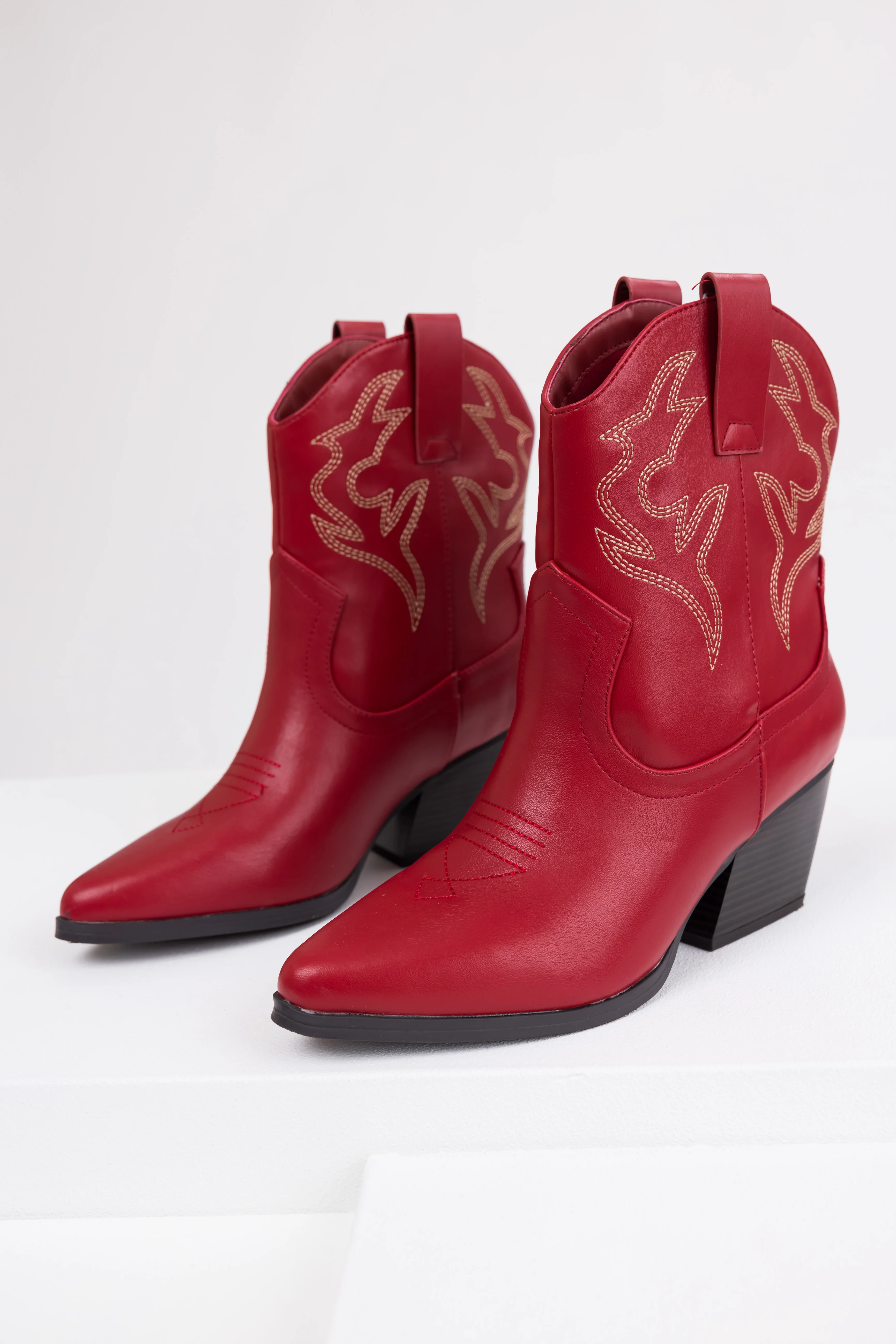 Burgundy Western Stitching Detail Ankle Booties - Image 2
