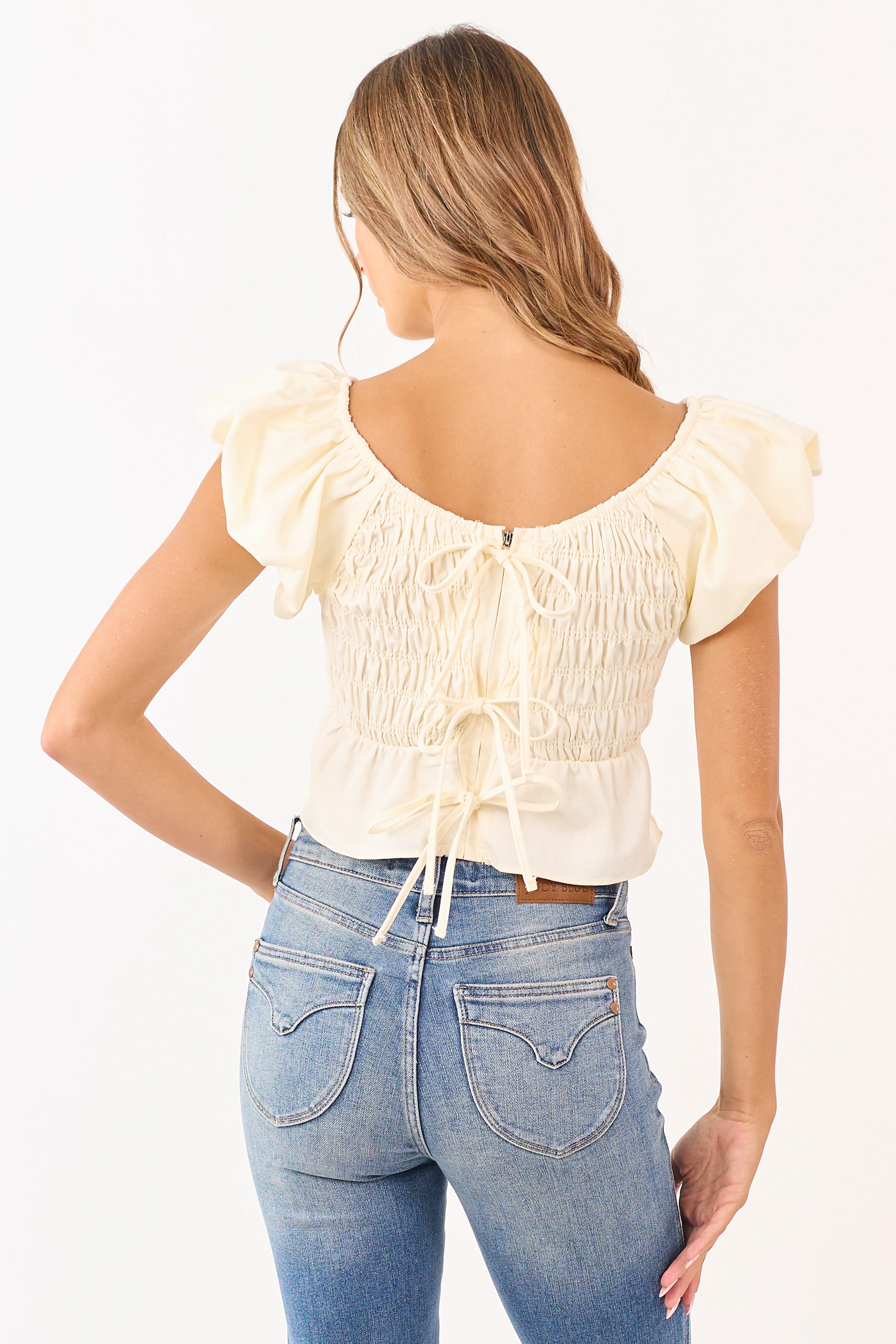 Buttercream Linen Blend Puff Sleeve Smocked Top - Image 7
