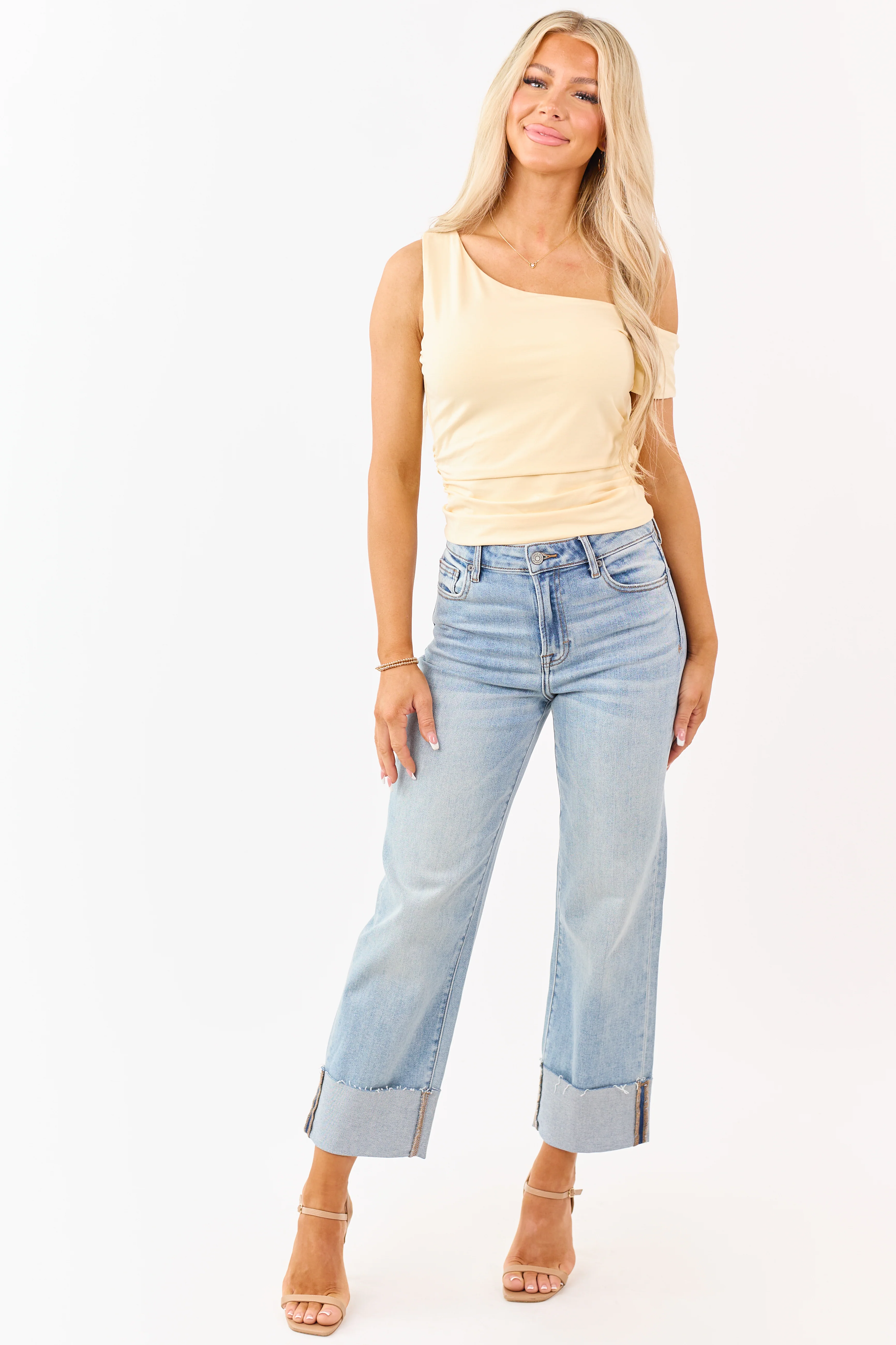 Buttercream One Shoulder Ruched Short Sleeve Top - Image 2